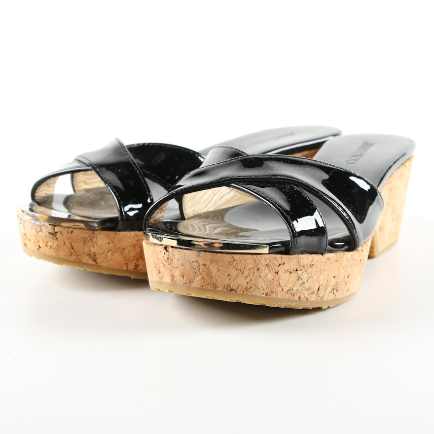 Jimmy Choo Panna Black Patent Leather Cork Wedge Sandals
