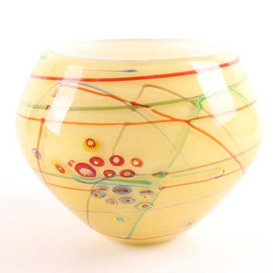 Art Glass Bowl with Colorful Trailing Motif