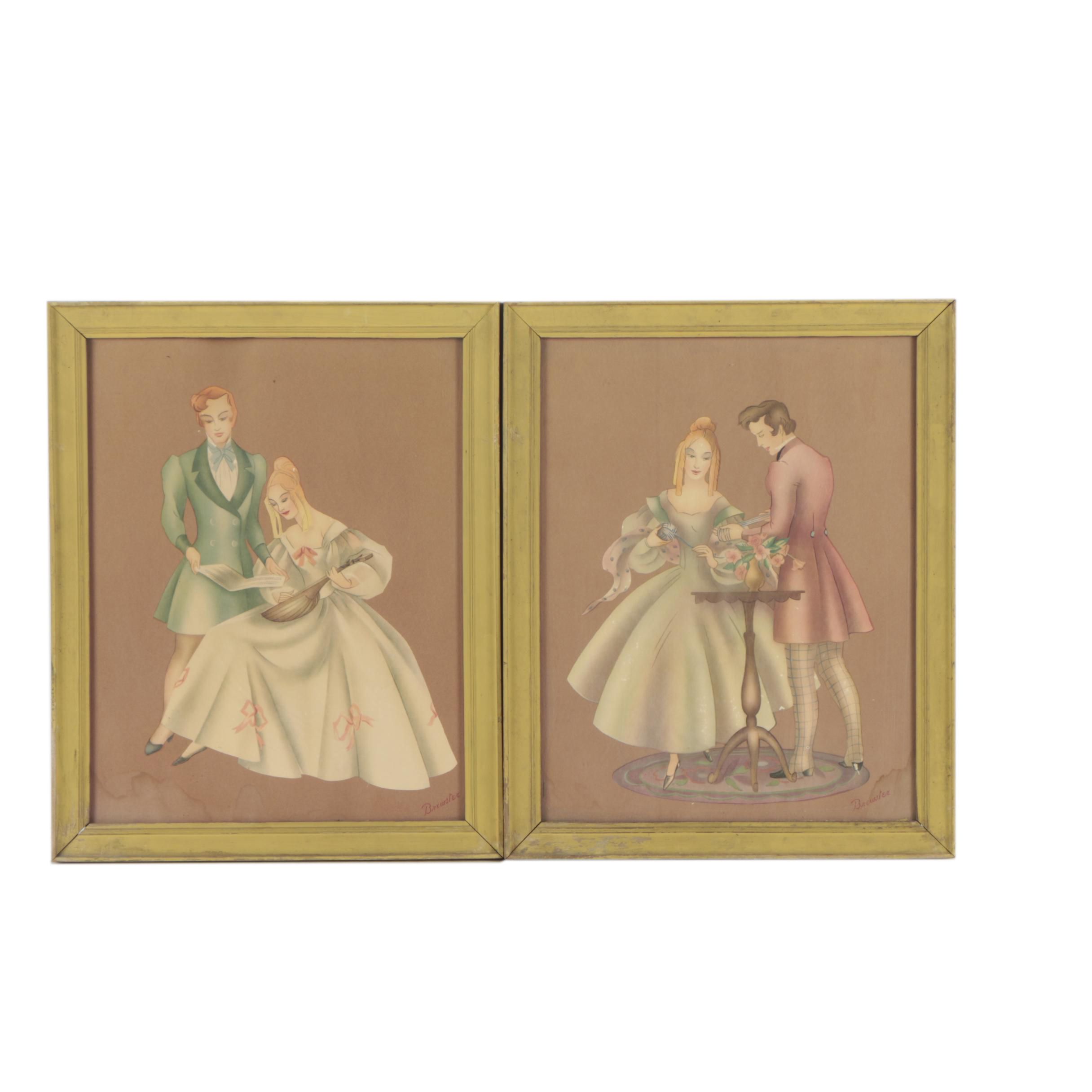 Offset Lithographs After Brewster of Victorian Courtship Scenes