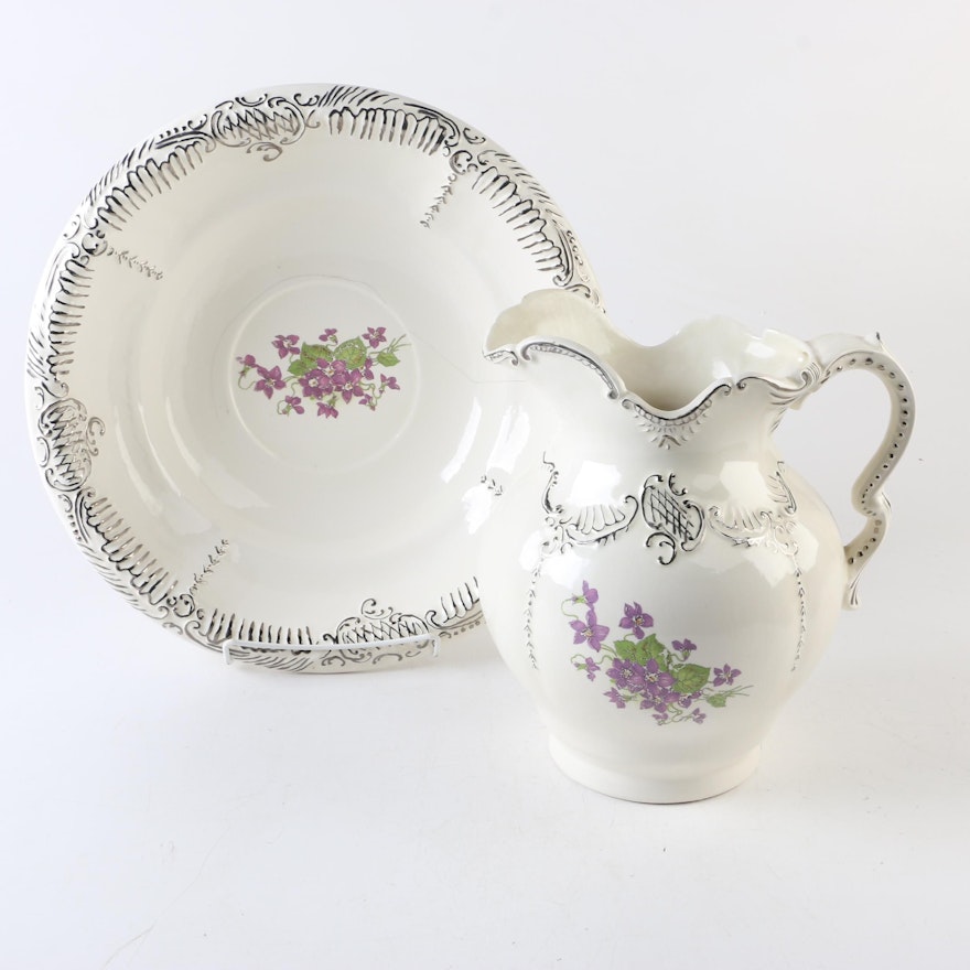 Superior Ceramic Floral Motif Bowl and Pitcher