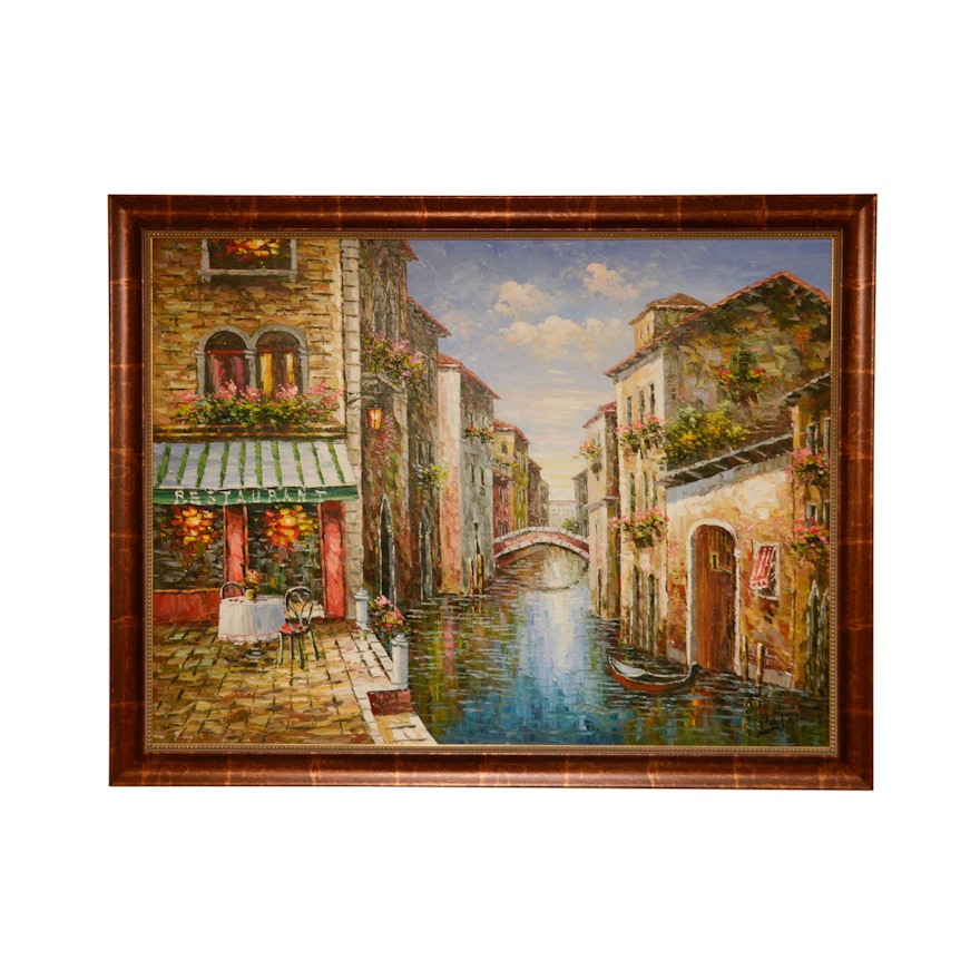 Oil Painting of a City Canal