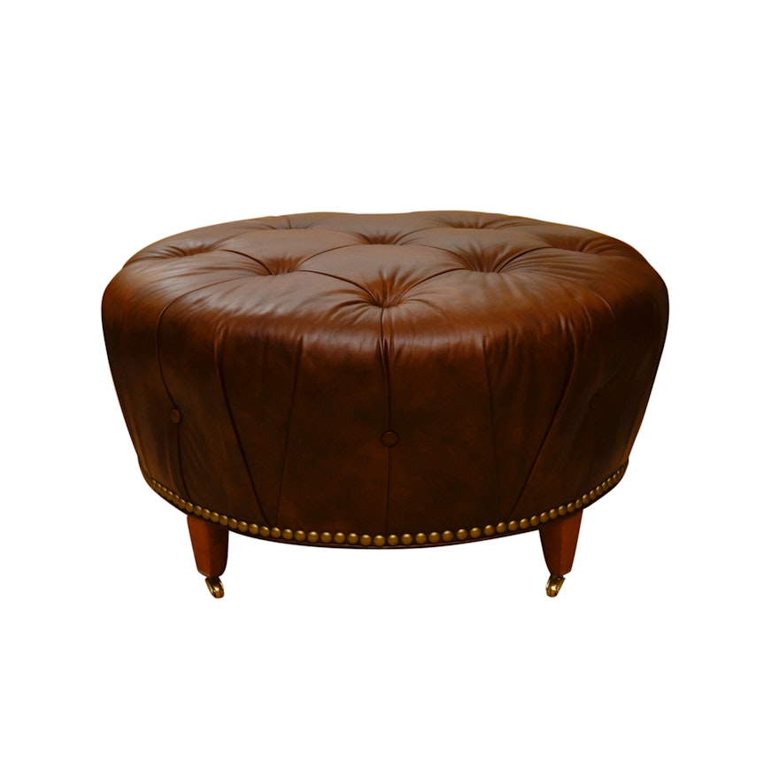 Vintage Button-Tufted Leather Ottoman