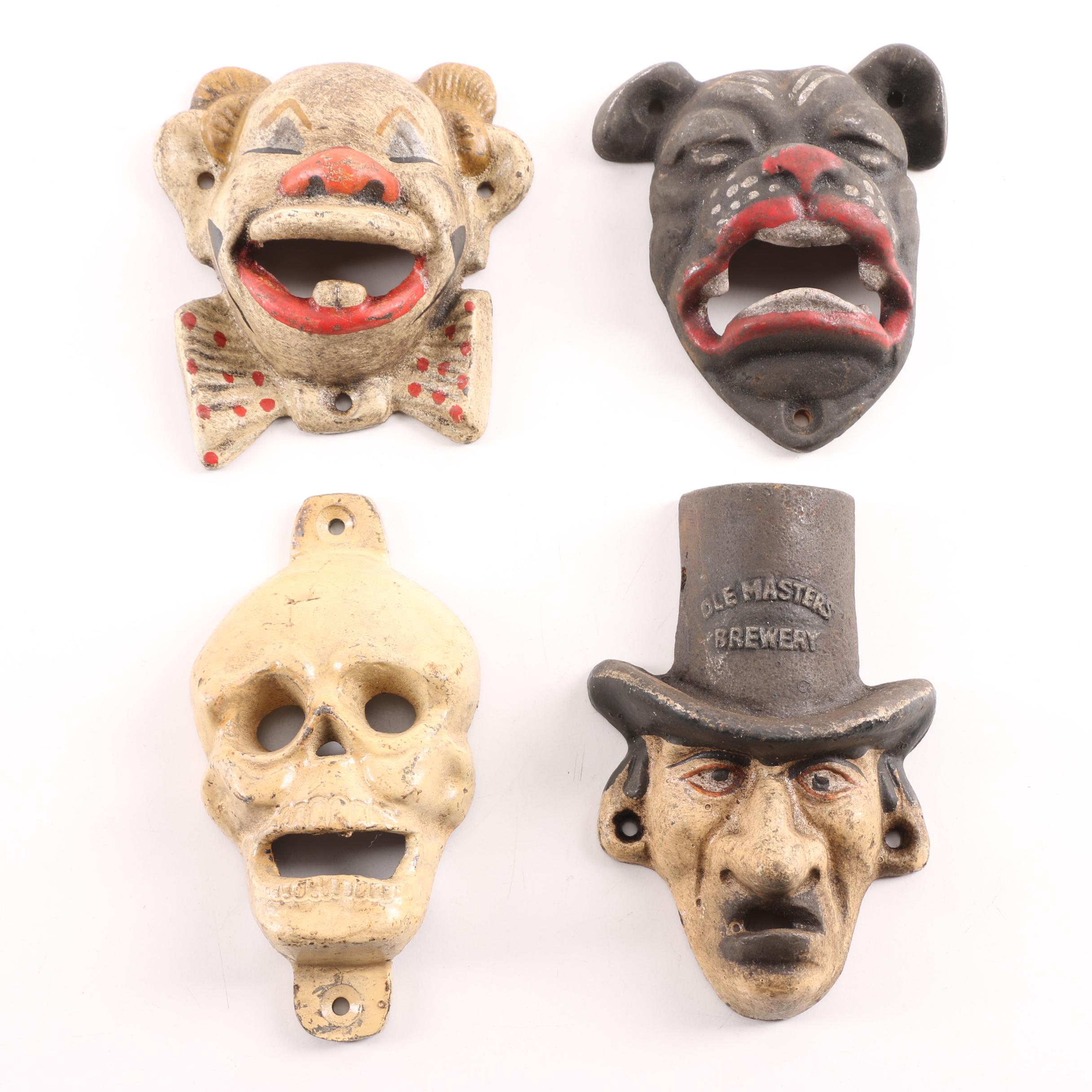 Cast Iron Face Bottle Openers Including Clown, Dog, Skull and Man c. 1930
