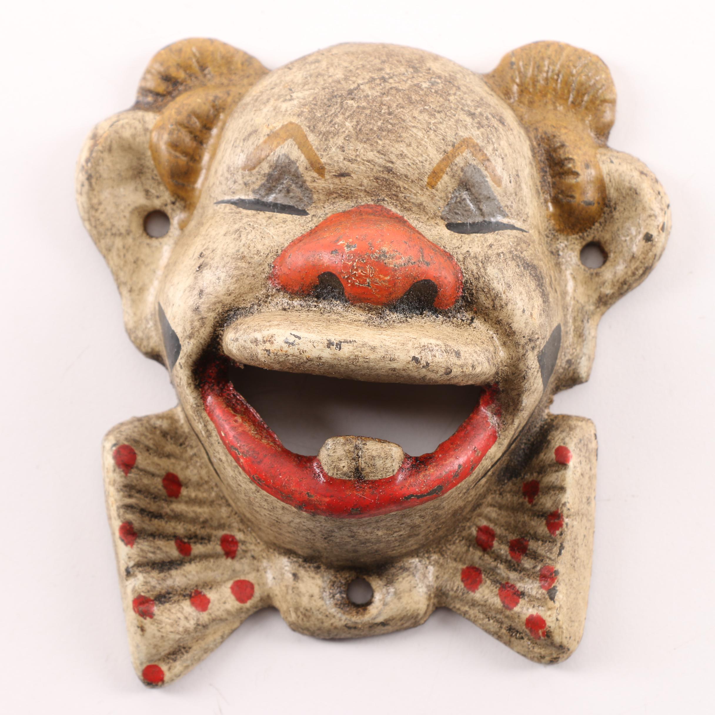 Cast Iron Face Bottle Openers Including Clown, Dog, Skull and Man c. 1930