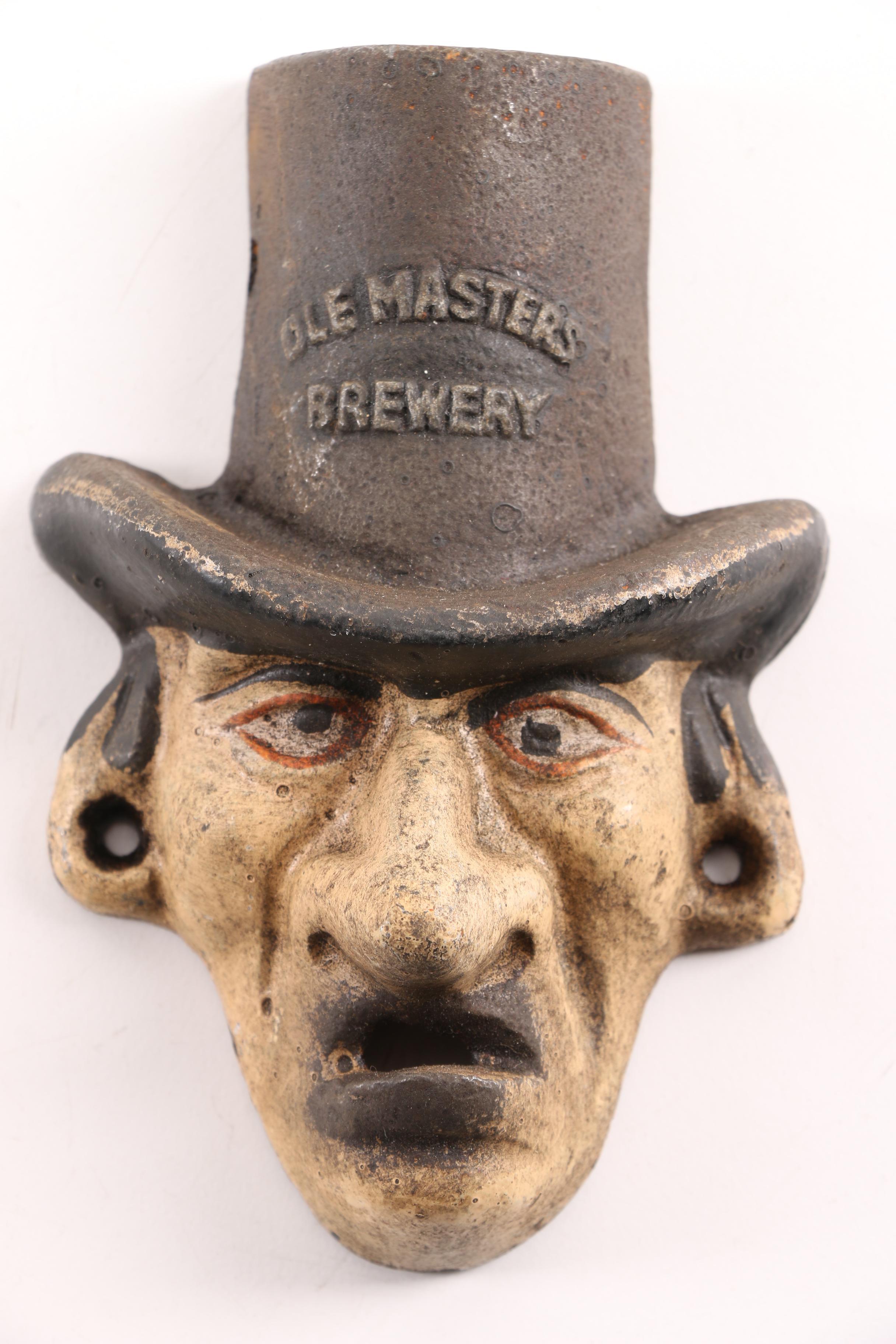 Cast Iron Face Bottle Openers Including Clown, Dog, Skull and Man c. 1930