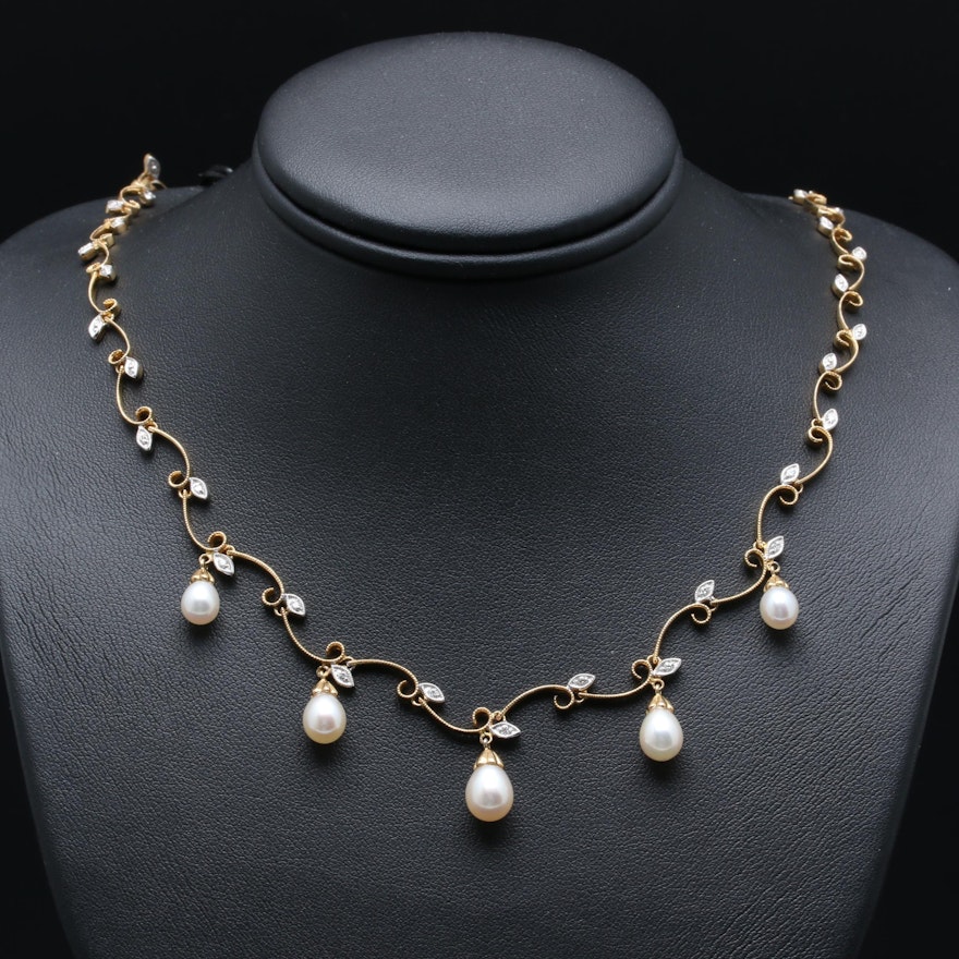 14K Yellow Gold Cultured Pearl and Diamond Necklace