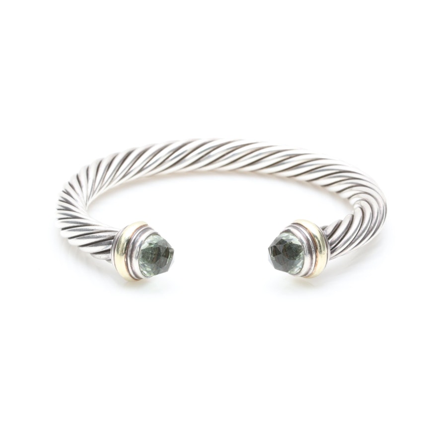 David Yurman Sterling Silver Cuff Bangle with 14K Accents and Praseolite