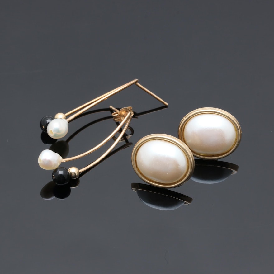 14K and 10K Yellow Gold Onyx and Imitation Pearl Earring Selection