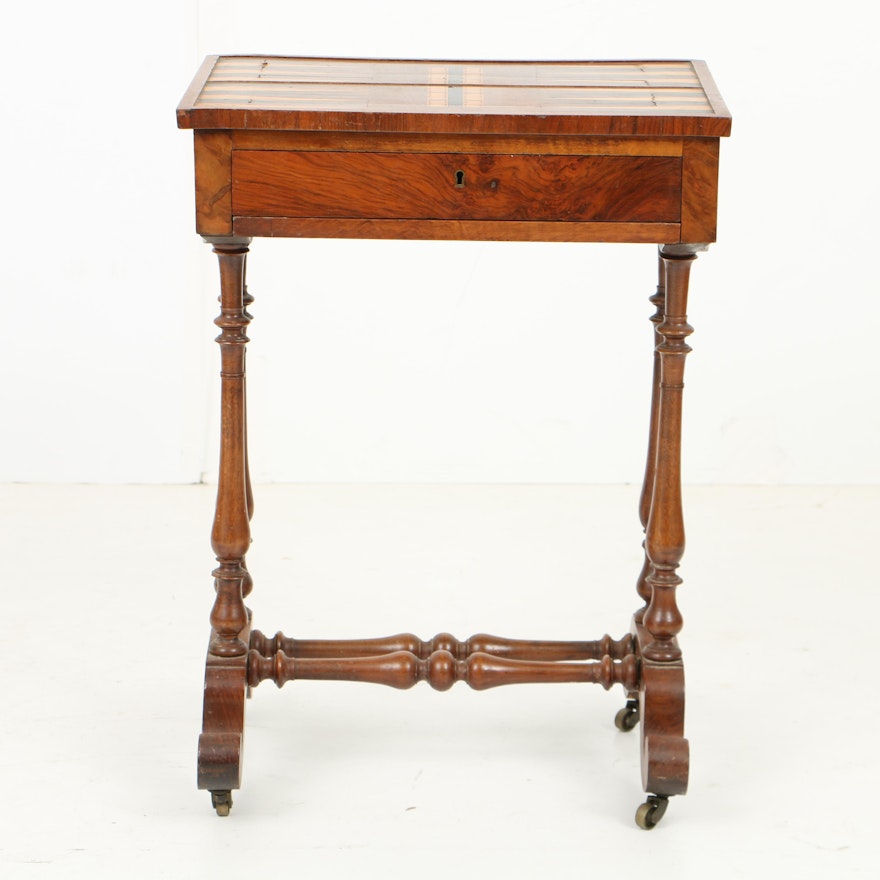 Antique Game or Work Table with Parquetry Top, Mid 19th Century