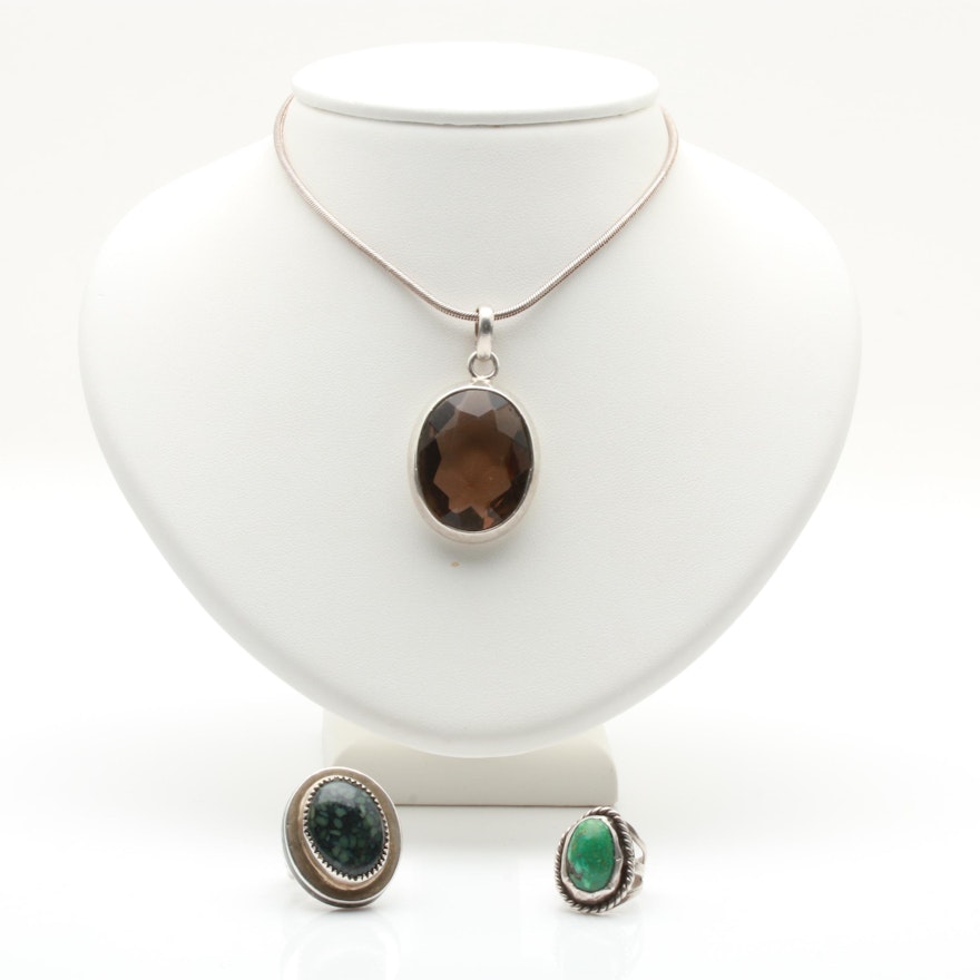 Sterling Silver Rings and Necklace Including Turquoise and Varisite