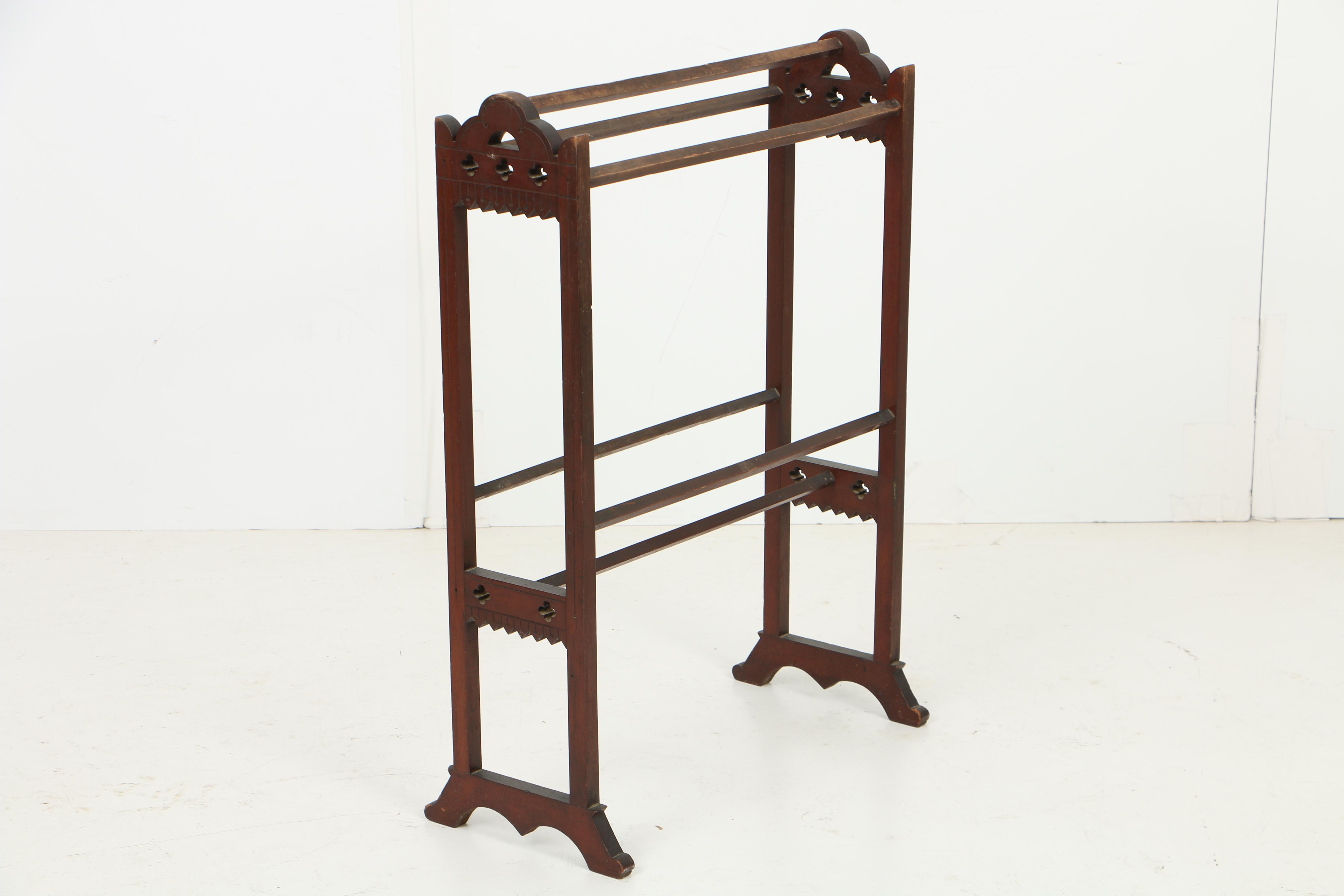 Antique Victorian Gothic Revival Quilt Rack and Pine Trestle Table