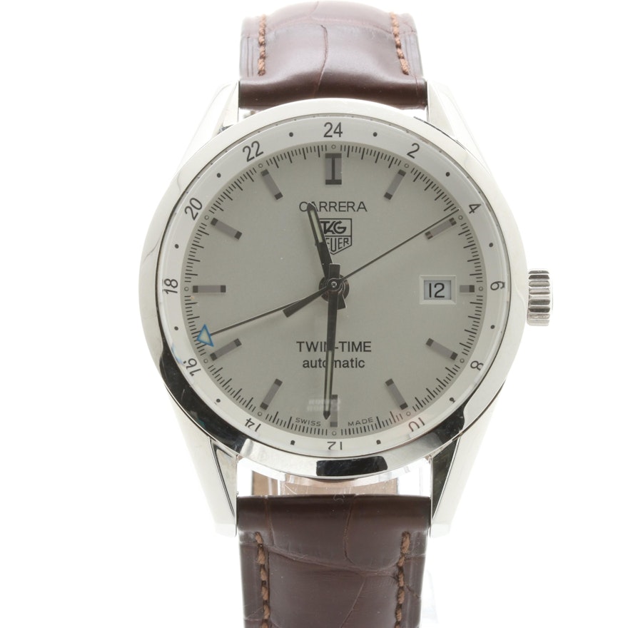 TAG Heuer Stainless Steel White Dial and Brown Leather Wristwatch