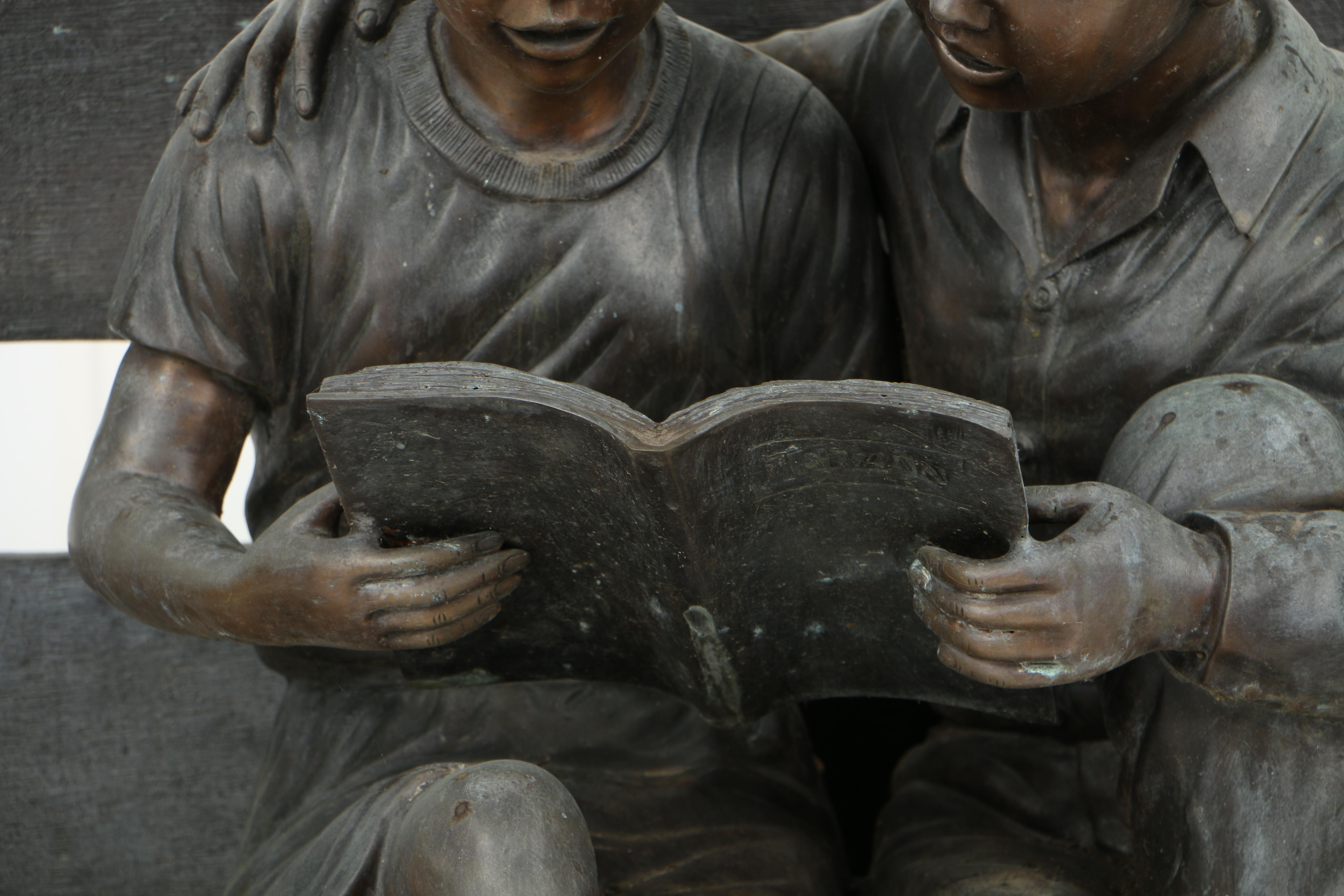 Patinated Leaded Brass Garden Sculpture of Two Children Reading on a Bench