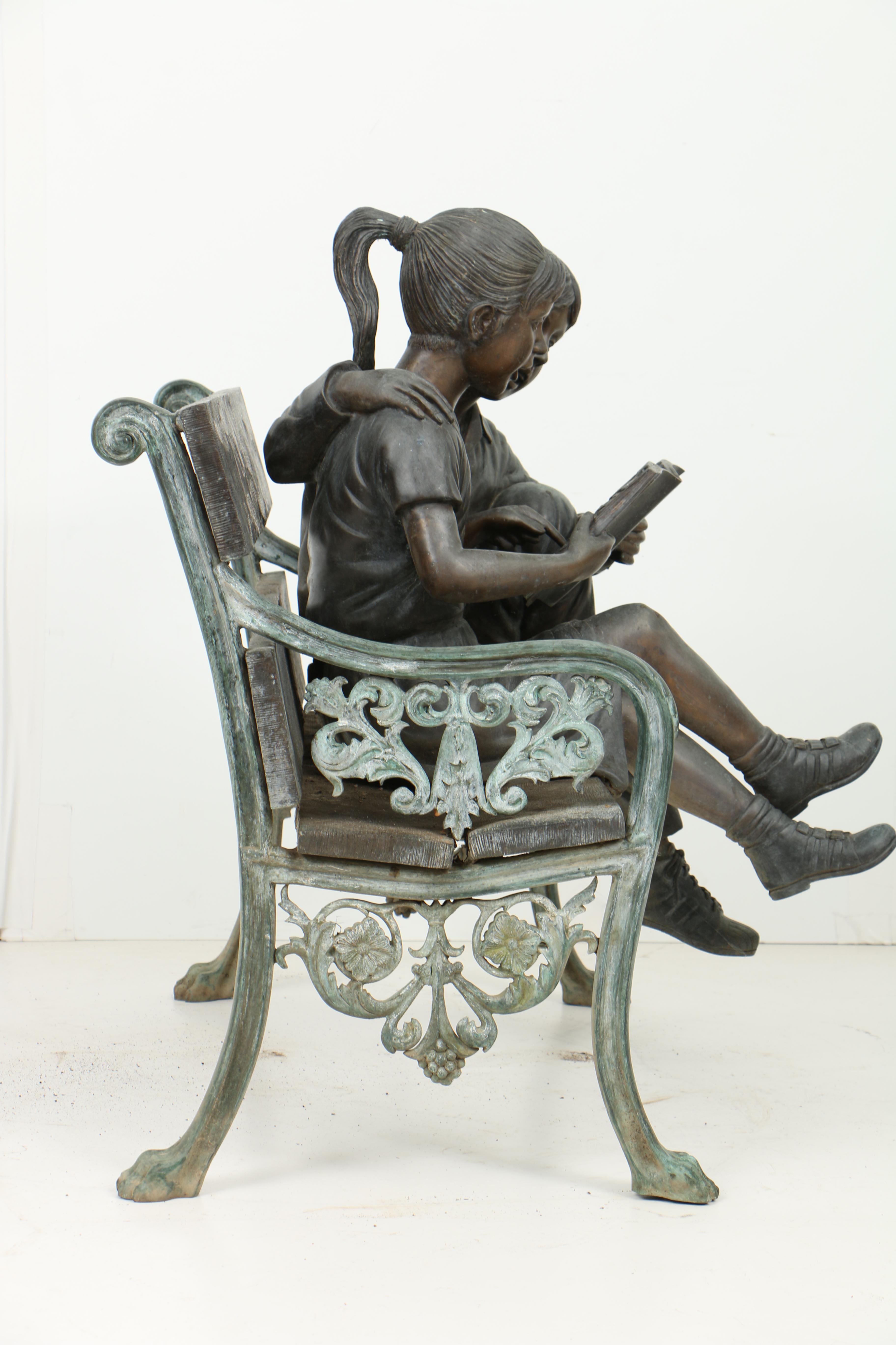 Patinated Leaded Brass Garden Sculpture of Two Children Reading on a Bench