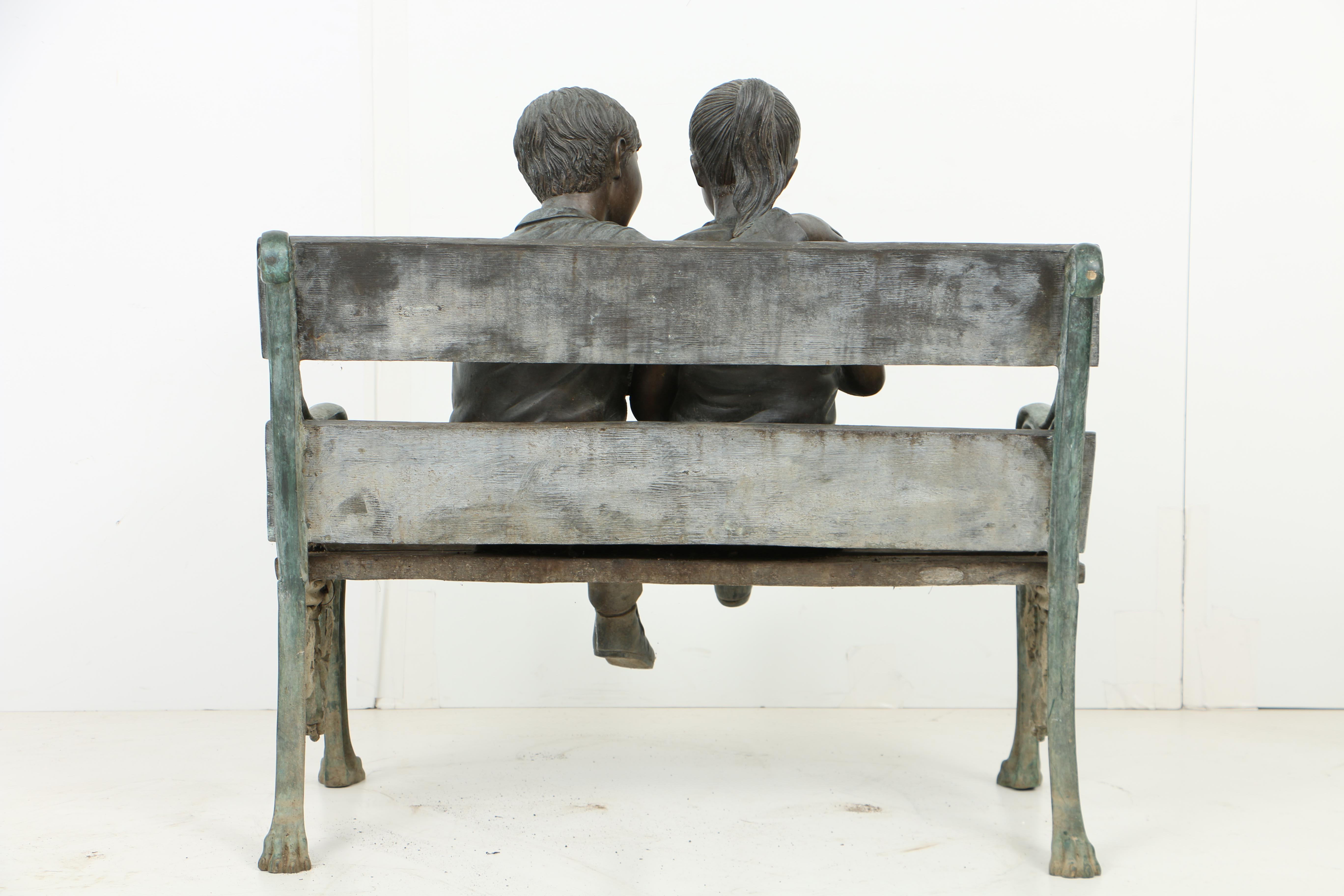 Patinated Leaded Brass Garden Sculpture of Two Children Reading on a Bench