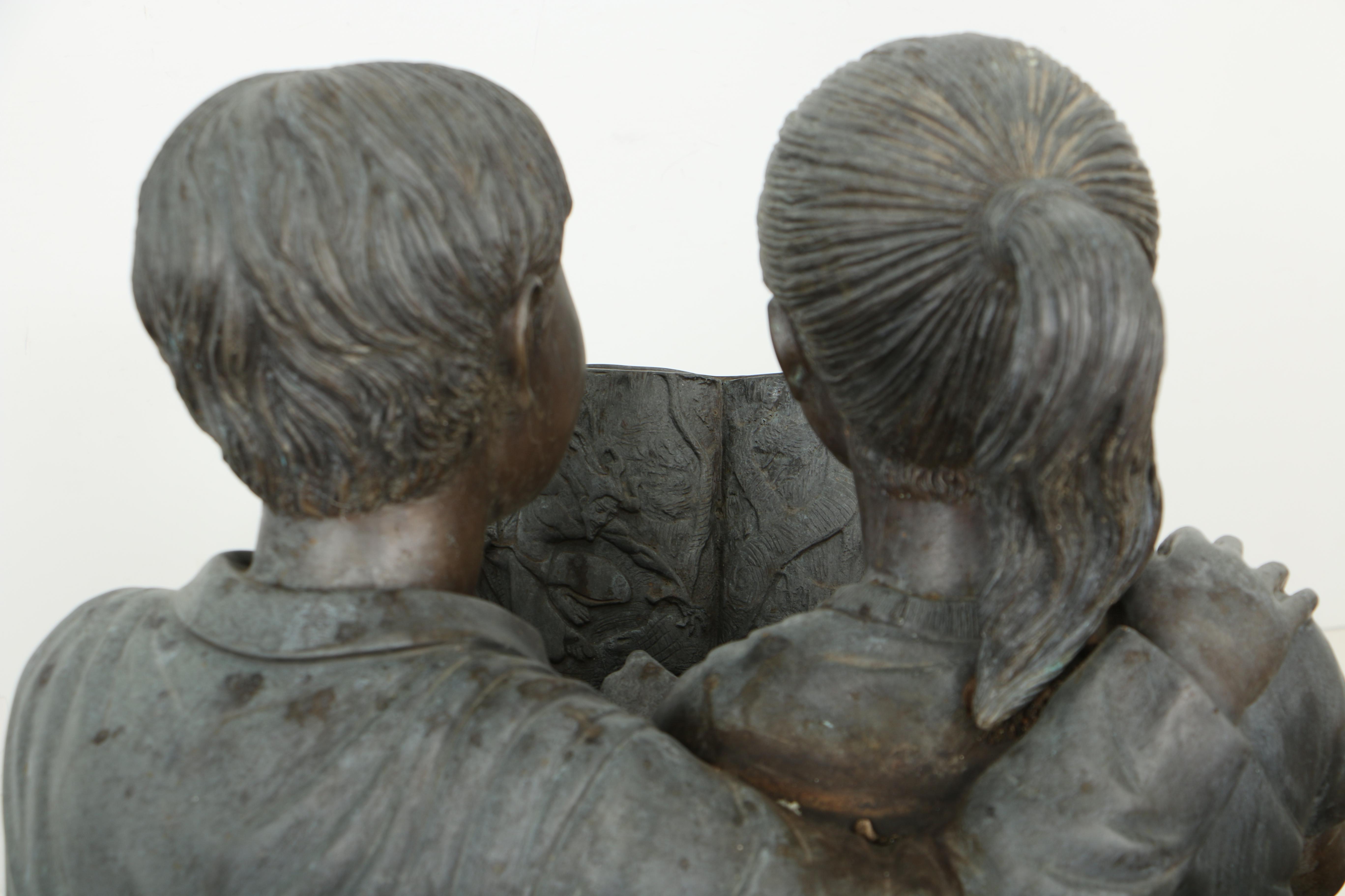 Patinated Leaded Brass Garden Sculpture of Two Children Reading on a Bench