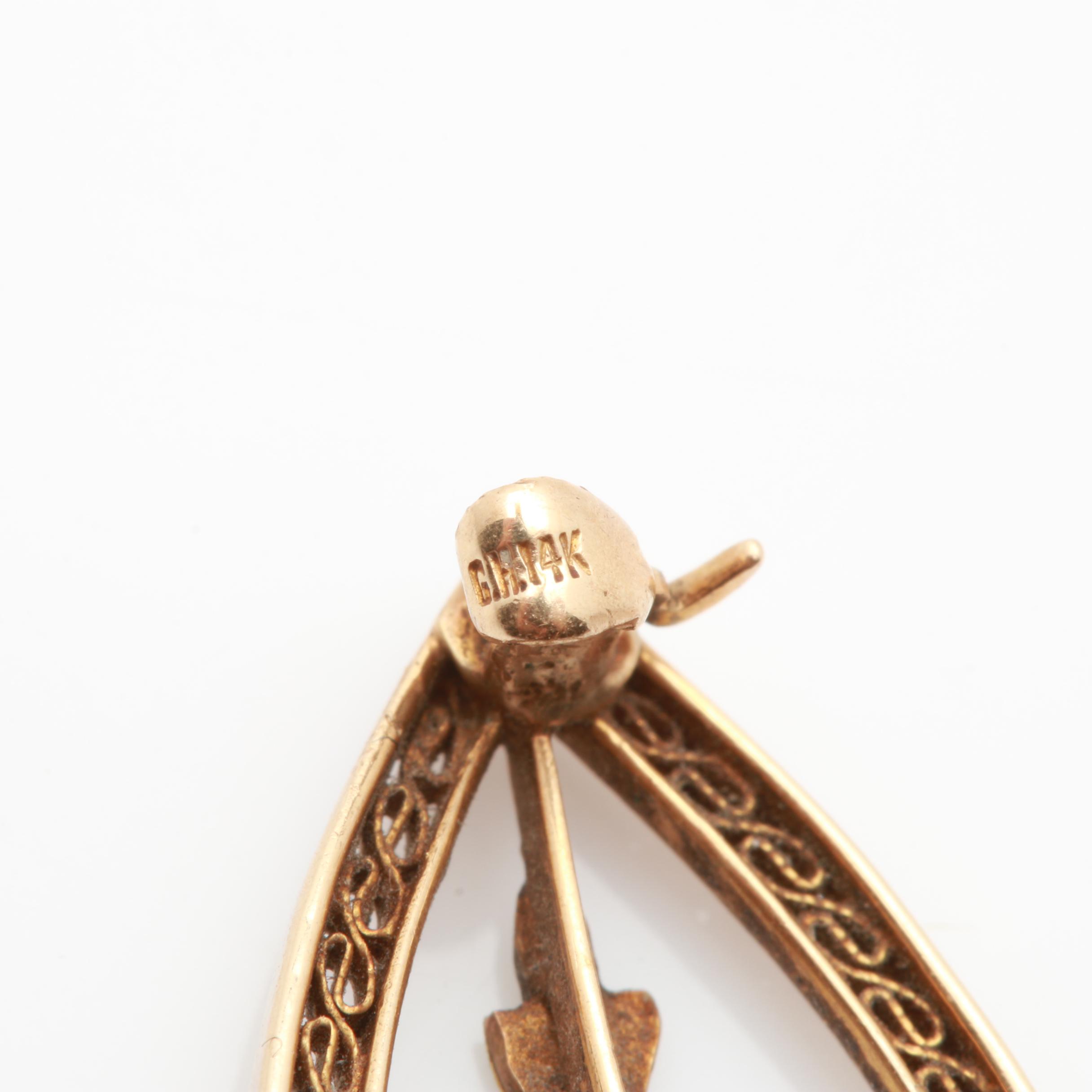 14K Yellow Gold Ring Mounting and Brooch Including Pearls and Blue Sapphire