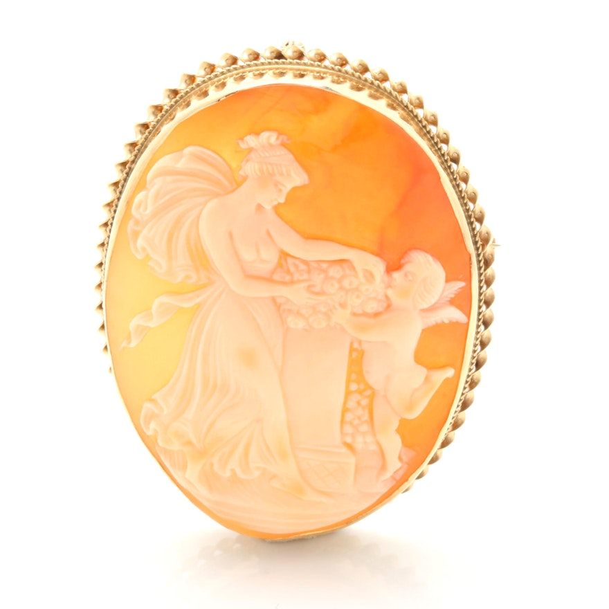 14K Yellow Gold Carved Shell Cameo Converter Brooch