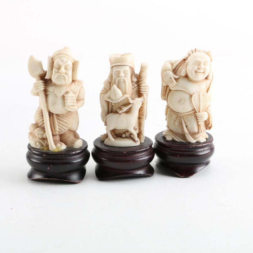 Japanese Resin Shichifukujin Figurines with Wooden Stands