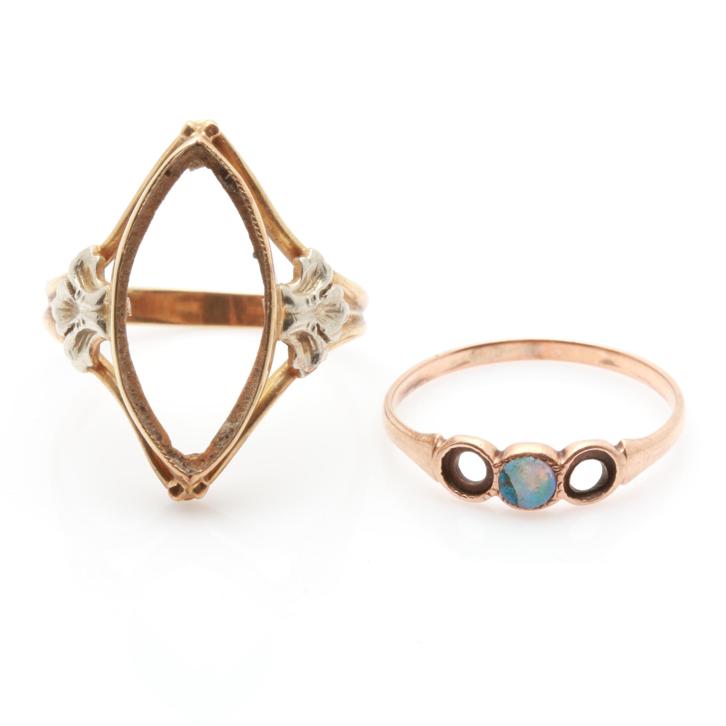 10K Yellow Gold Blank Mount Ring and 10K Rose Gold Opal Ring