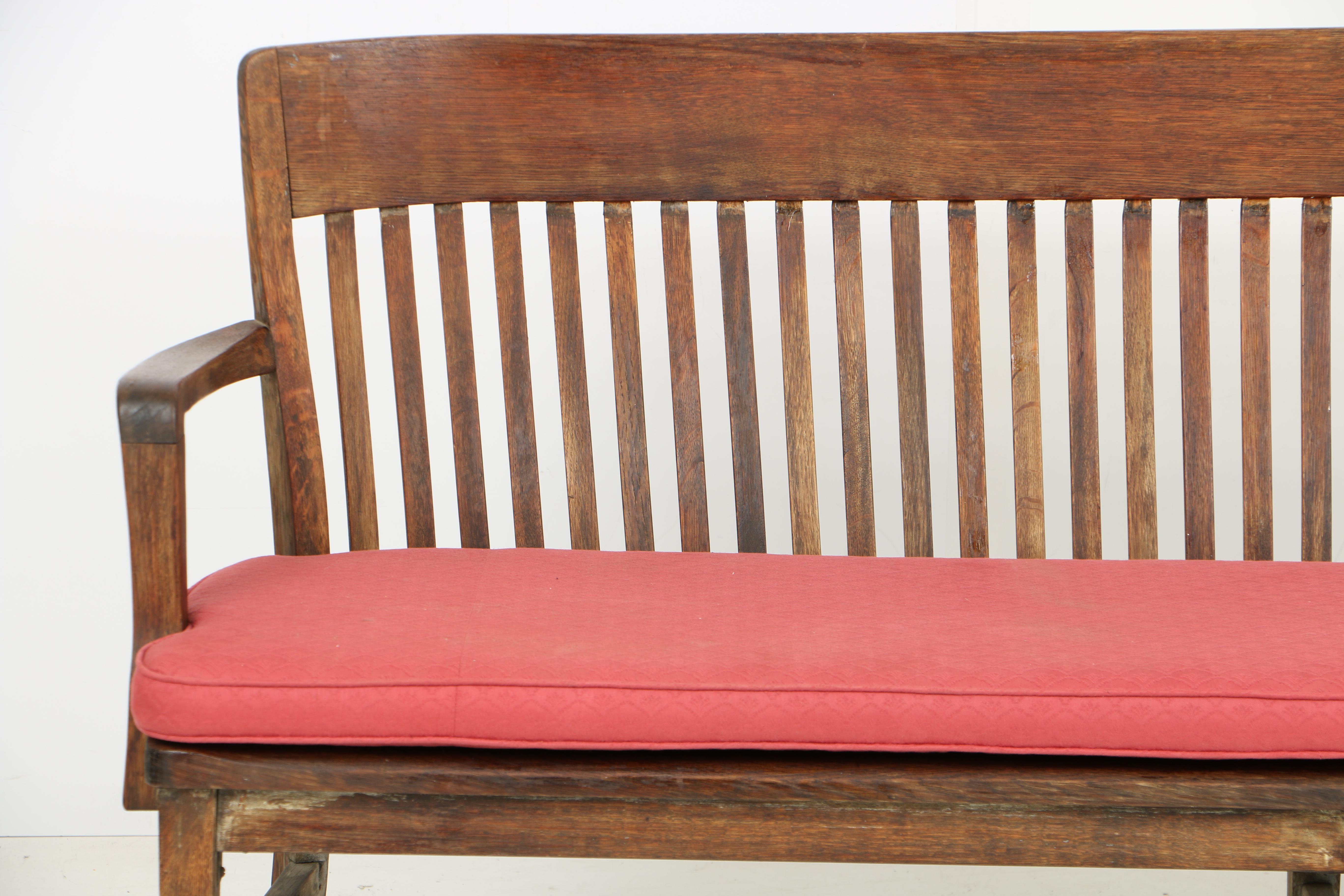 Vintage W.H. Gunlocke Chair Co. Oak Waiting Bench with Custom-Made Cushion