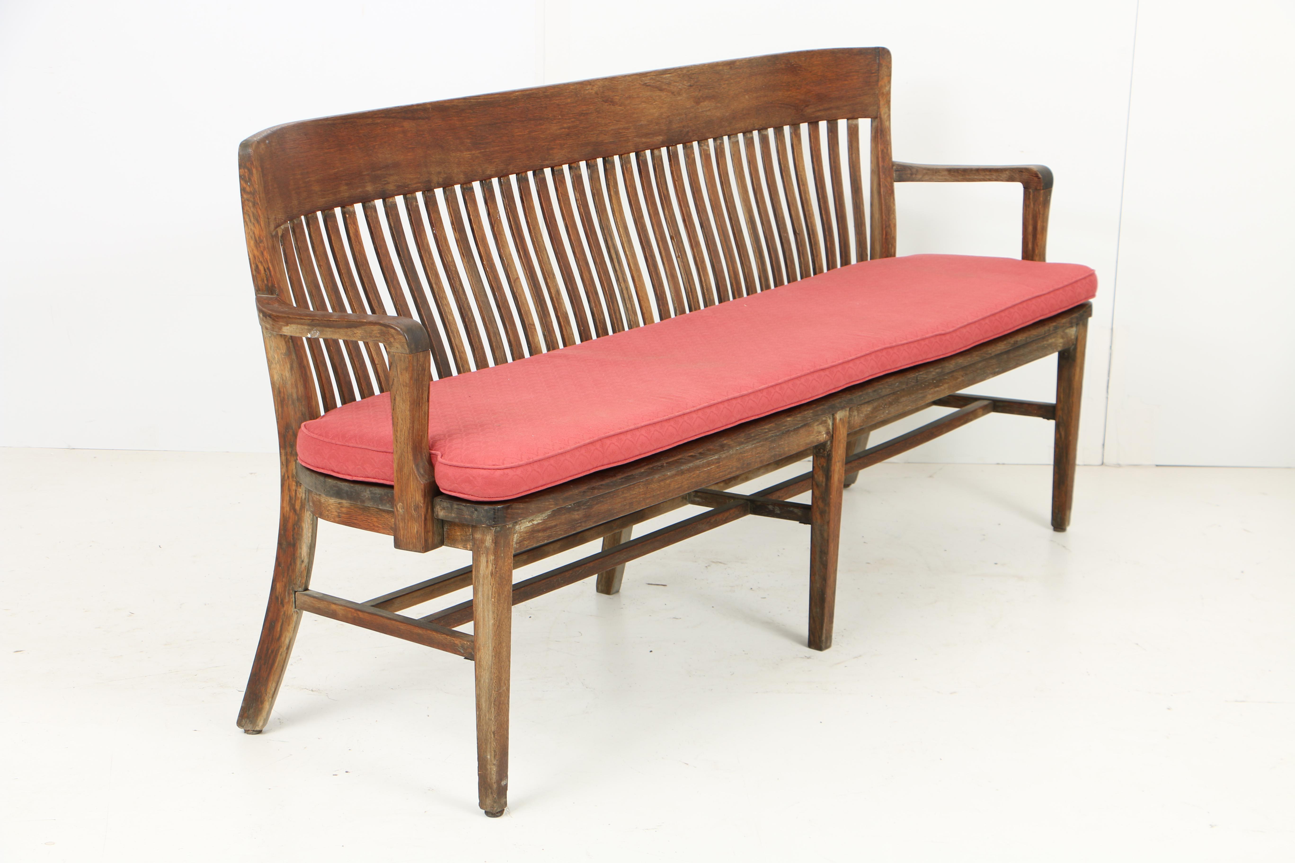 Vintage W.H. Gunlocke Chair Co. Oak Waiting Bench with Custom-Made Cushion