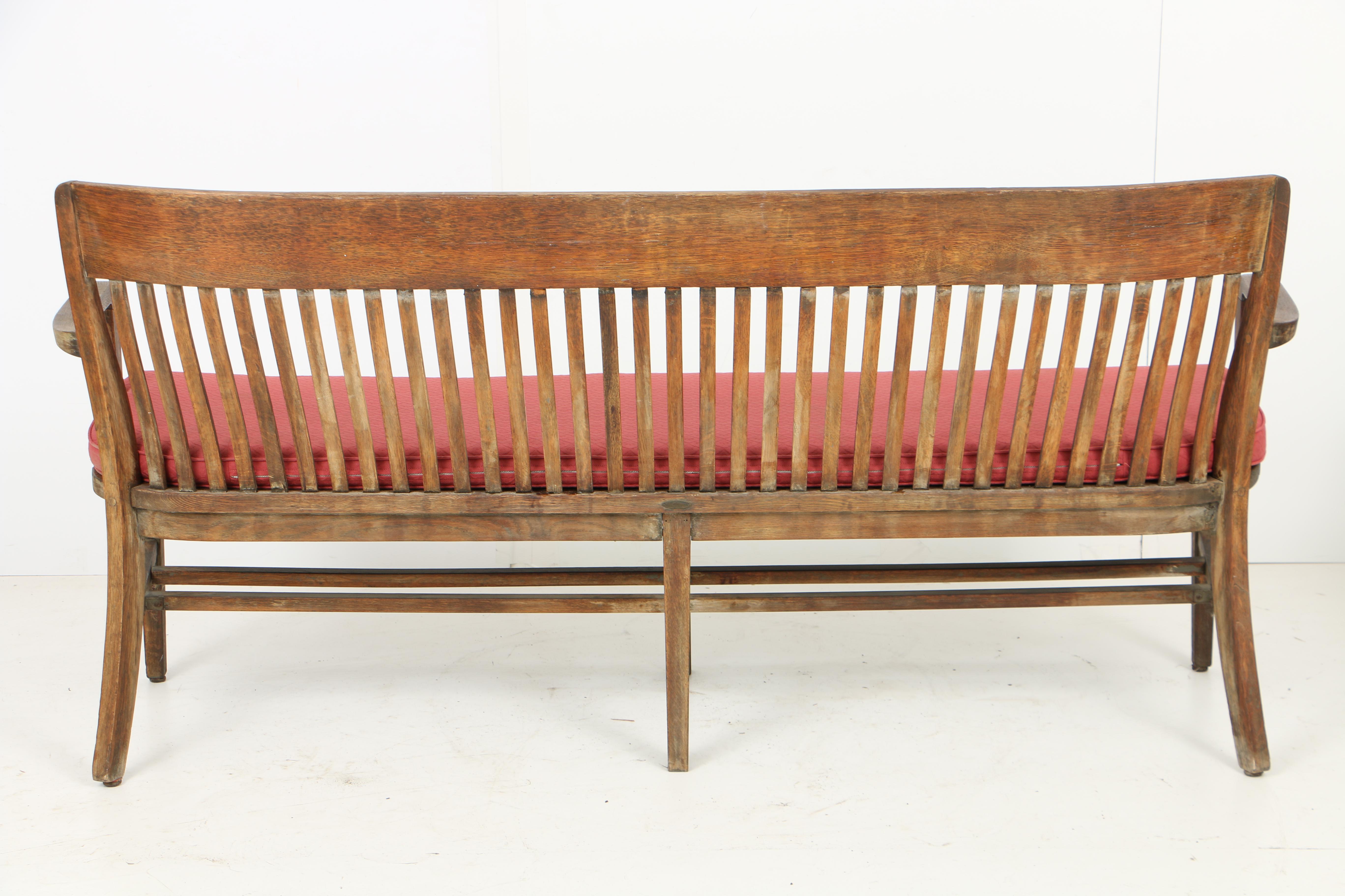 Vintage W.H. Gunlocke Chair Co. Oak Waiting Bench with Custom-Made Cushion