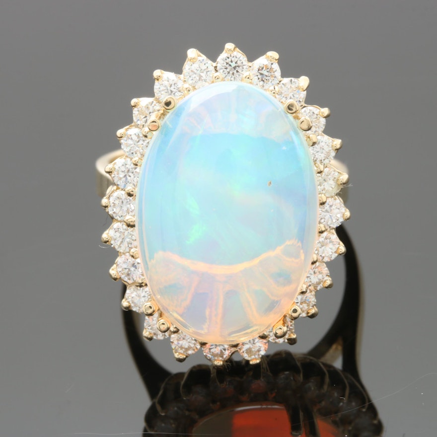 14K Yellow Gold 8.28 CT Opal and 0.96 CTW Diamond Halo Ring