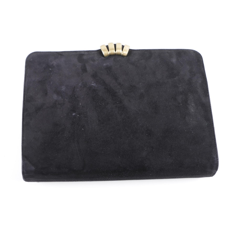 Circa 1980s Vintage Salvatore Ferragamo Black Suede Clutch Handbag