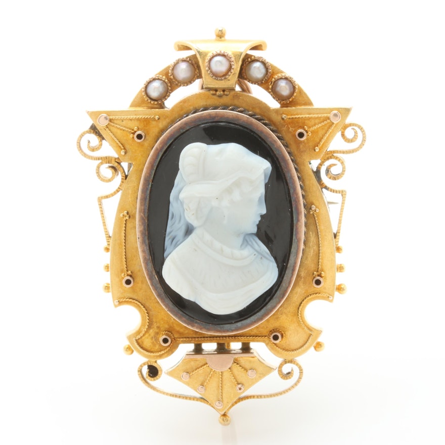 14K Yellow Gold Onyx and Cultured Pearl Cameo Pendant Brooch
