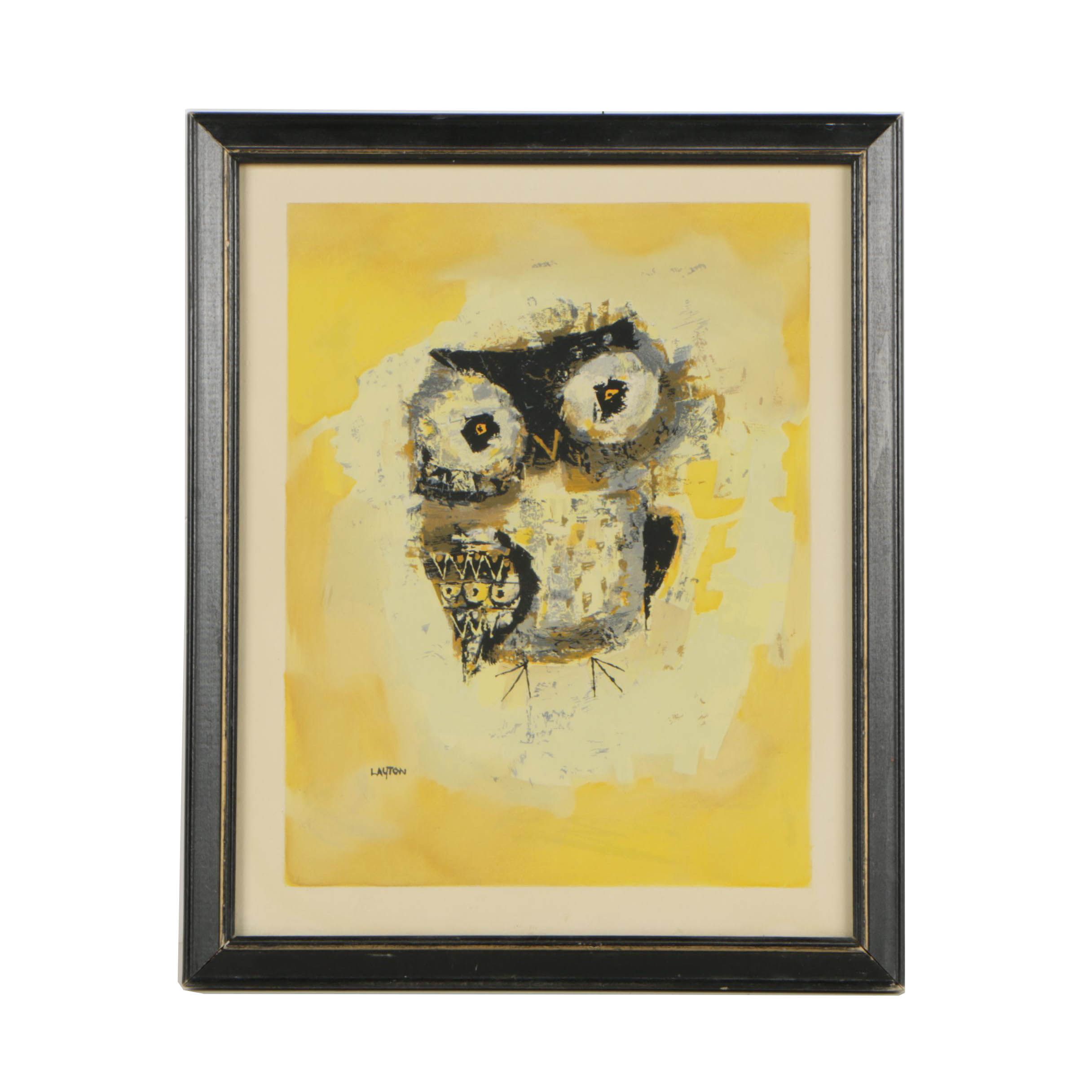 Margaret Layton Mid-Century Serigraph Owl Portrait "Blinky"