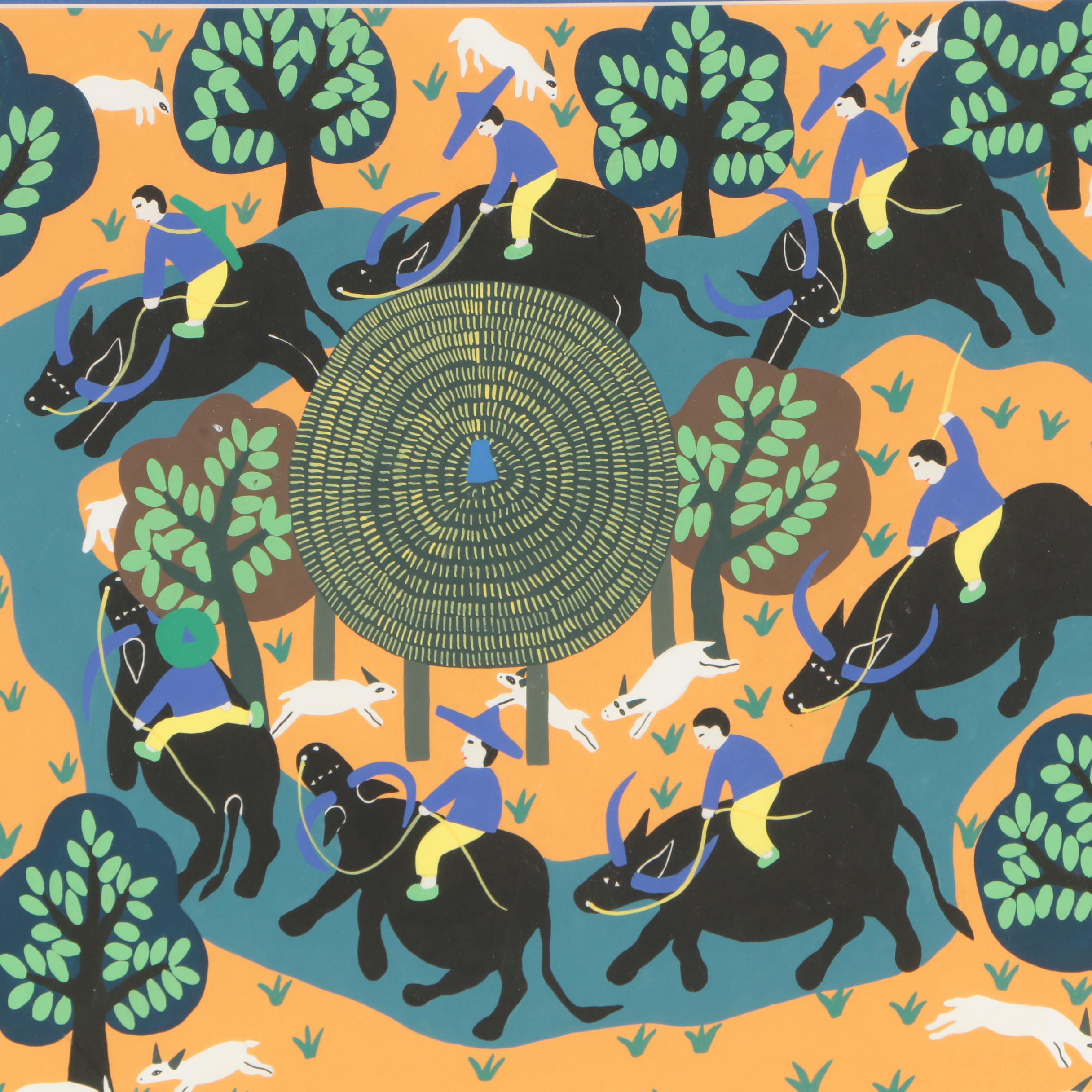 Serigraph After Chinese Jinshan Folk Painting of Figures Riding Water Buffalo