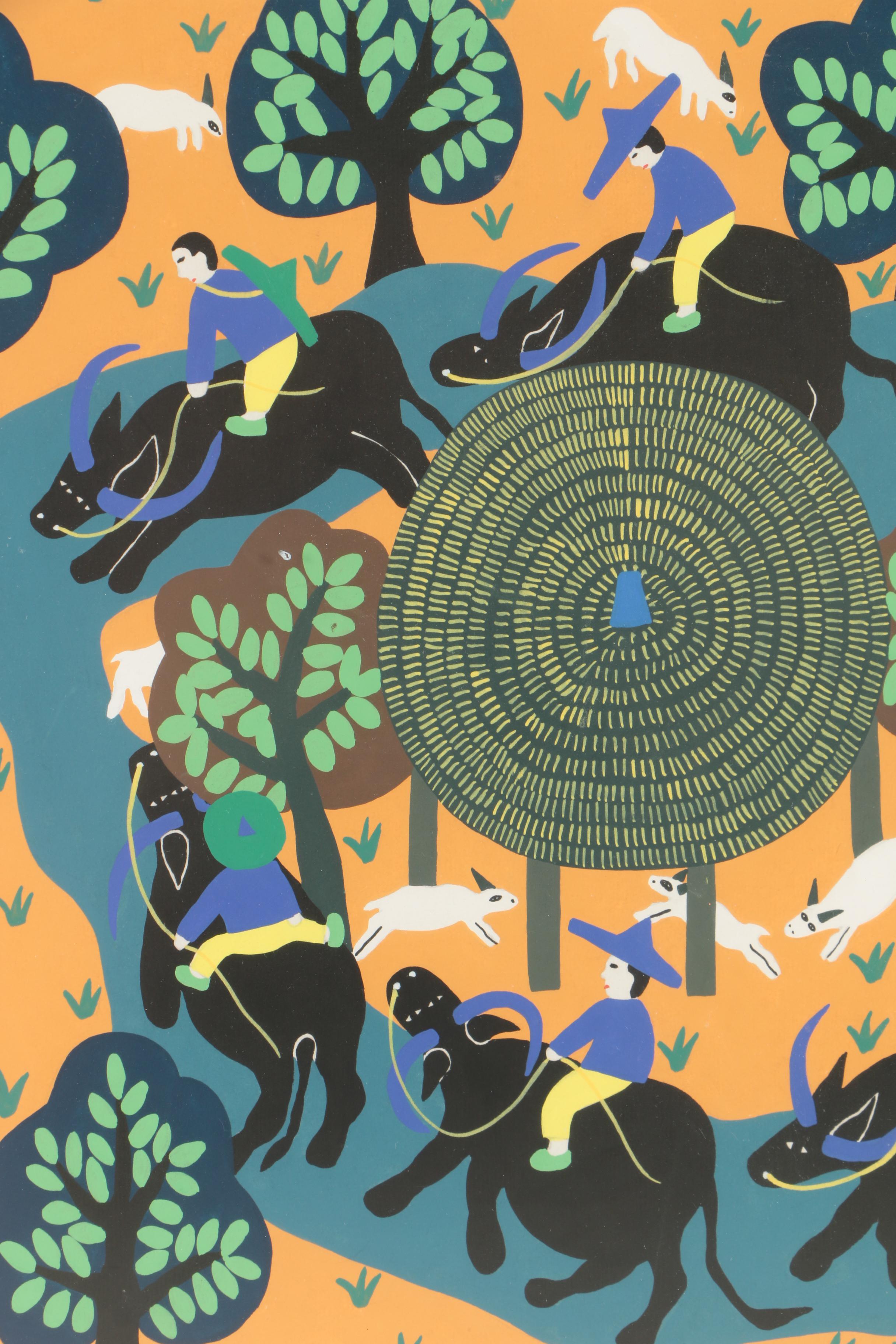 Serigraph After Chinese Jinshan Folk Painting of Figures Riding Water Buffalo