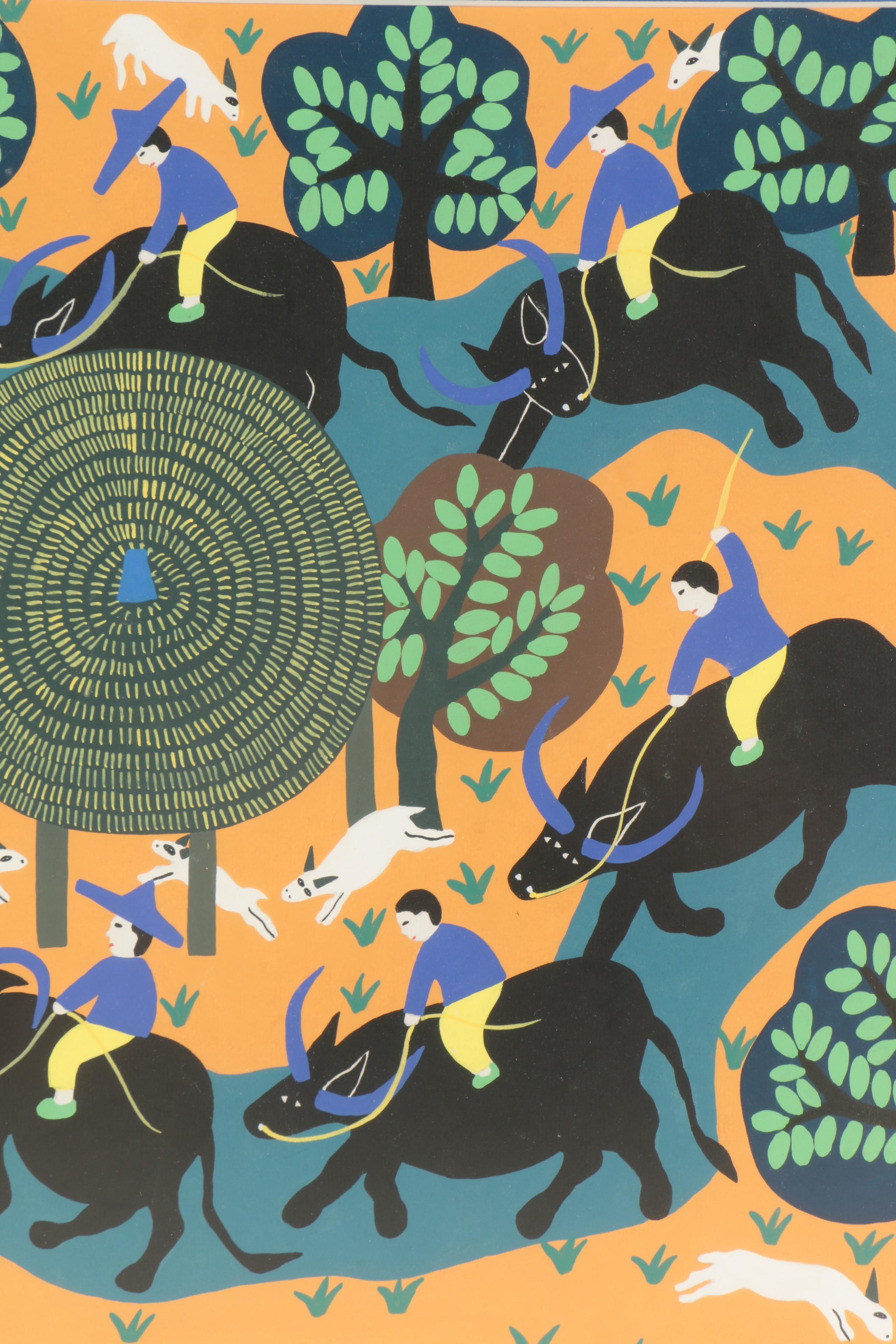 Serigraph After Chinese Jinshan Folk Painting of Figures Riding Water Buffalo