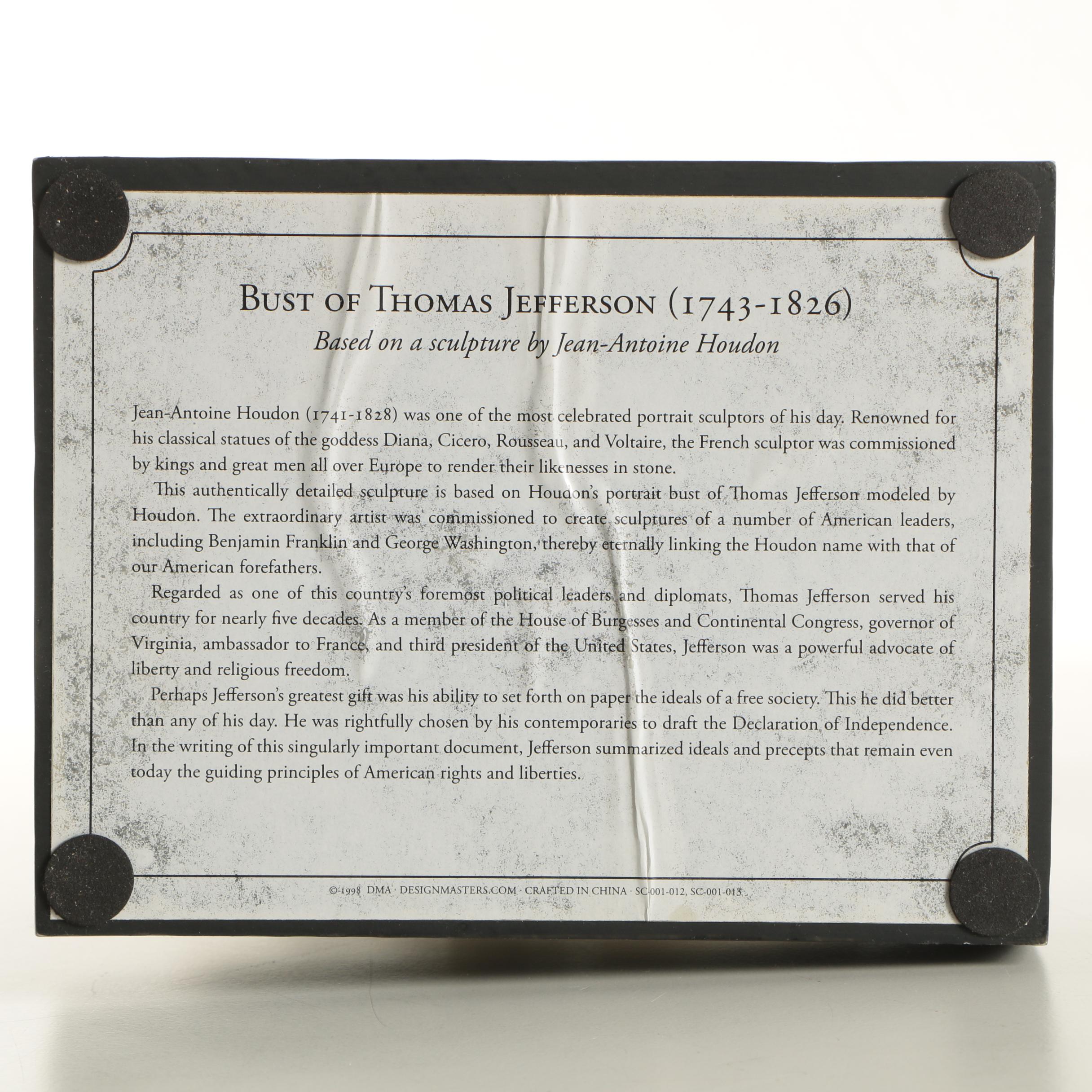 1998 Reproduction Resin Bust After Jean-Antoine Houdon of Thomas Jefferson