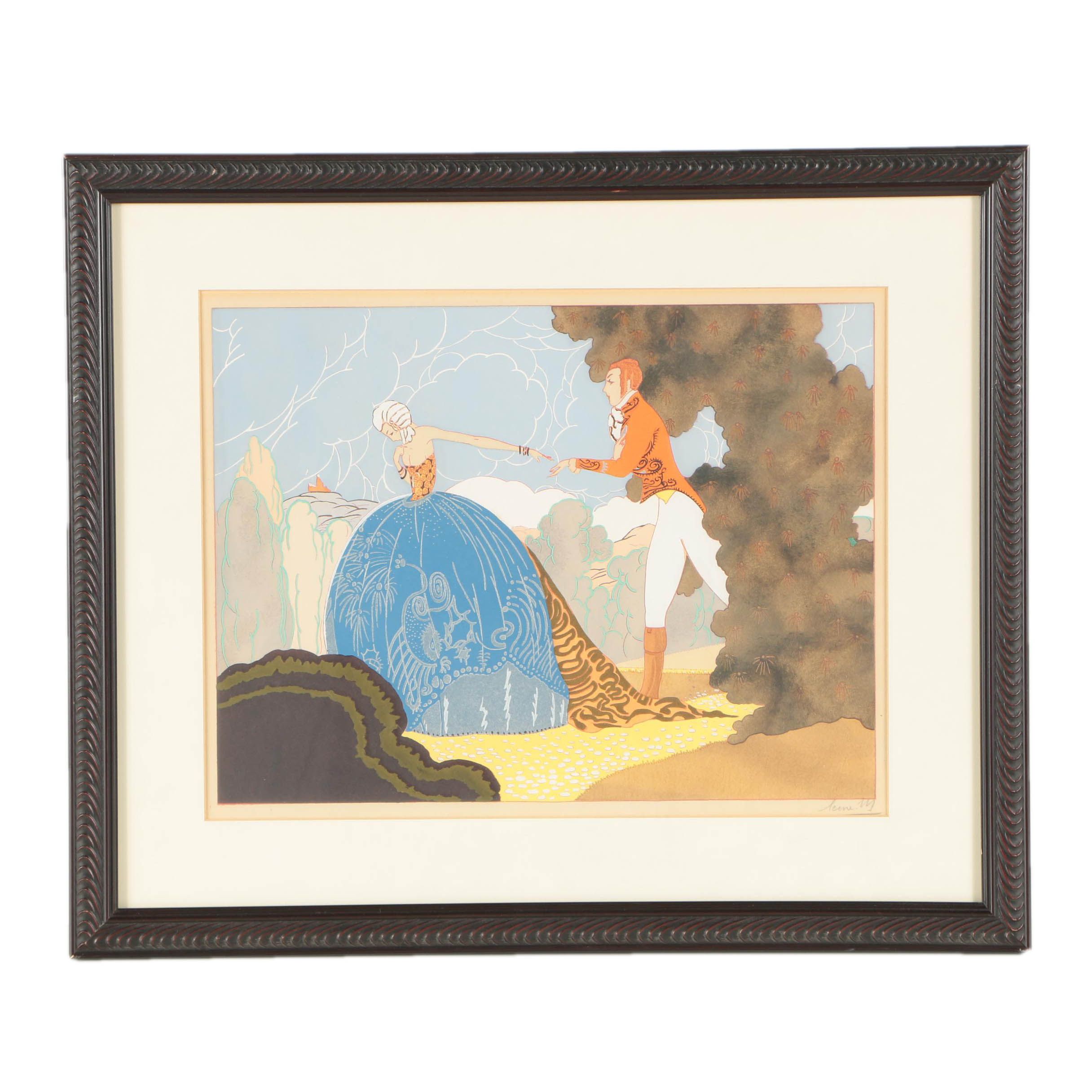 Leone M. Early 20th-Century Pochoir Print of French Courtship Scene