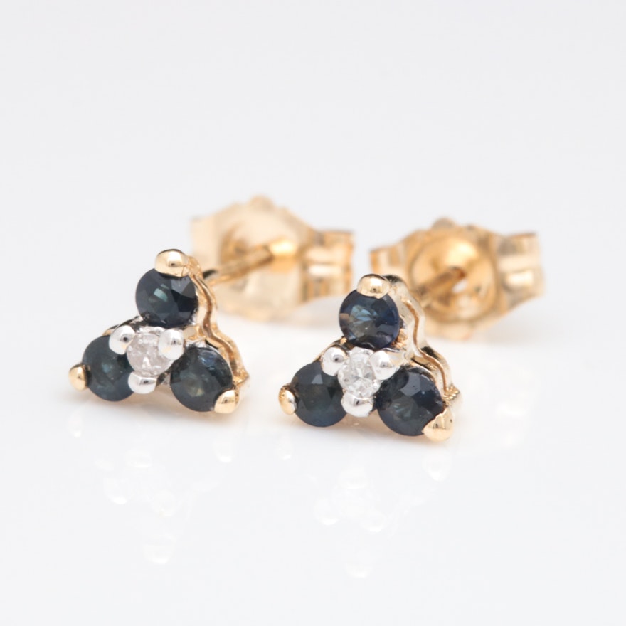 14K Yellow Gold, Blue Sapphire and Diamond Earrings