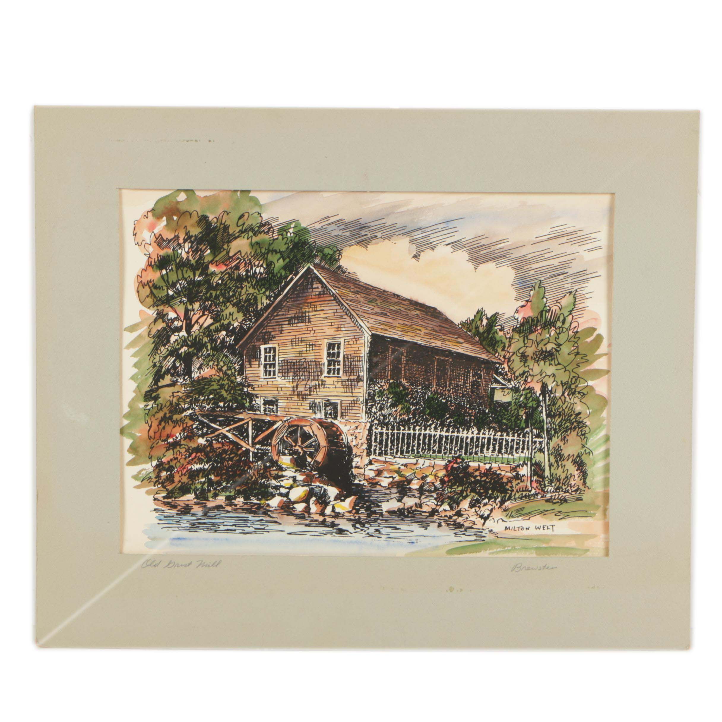 Milton Welt Late 20th-Century Ink and Watercolor Illustration "Old Grist Mill"