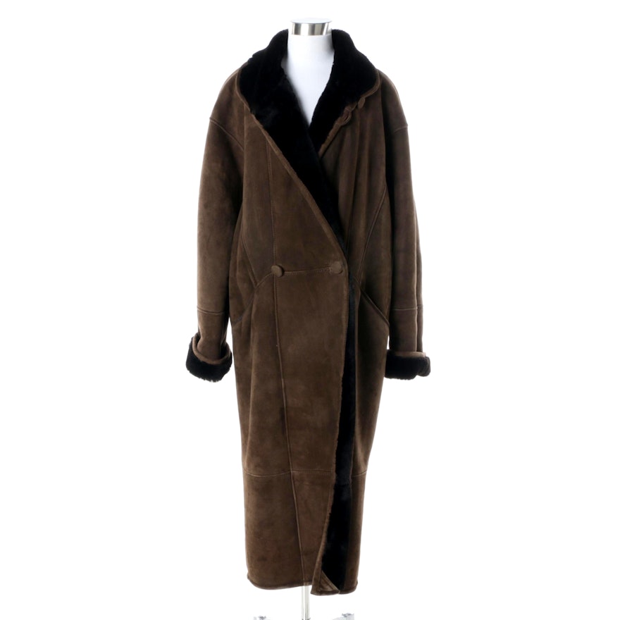 Women's Searle Blatt Double-Breasted Brown Suede and Shearling Coat