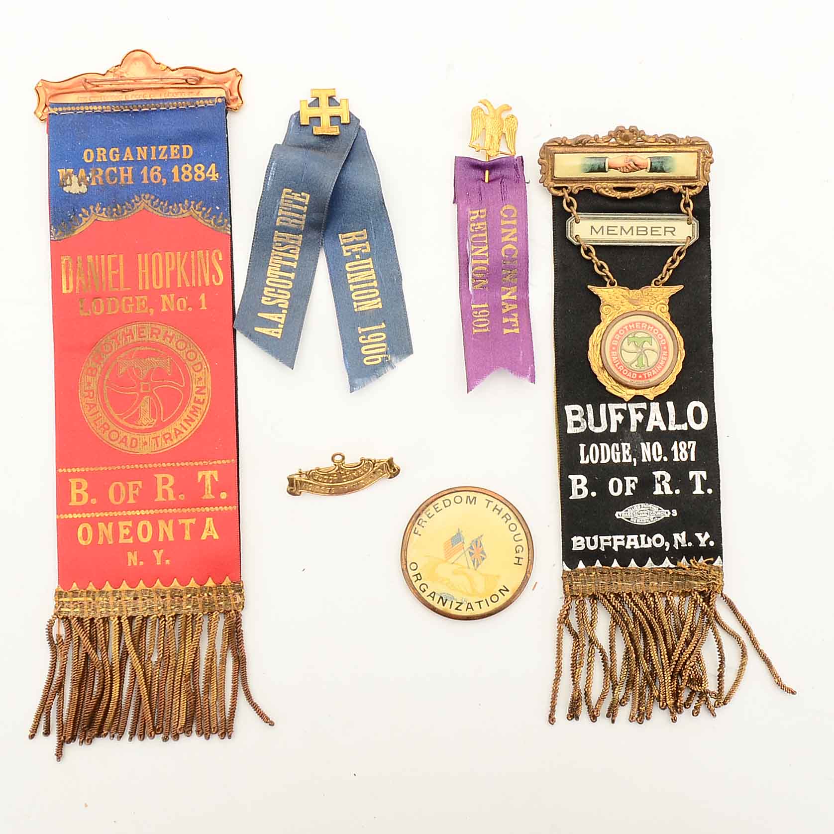 Antique Railroad Union and Masonic Ribbons and Pins