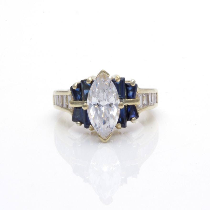 18K Yellow Gold Sapphire and Diamond Ring with Cubic Zirconia Center