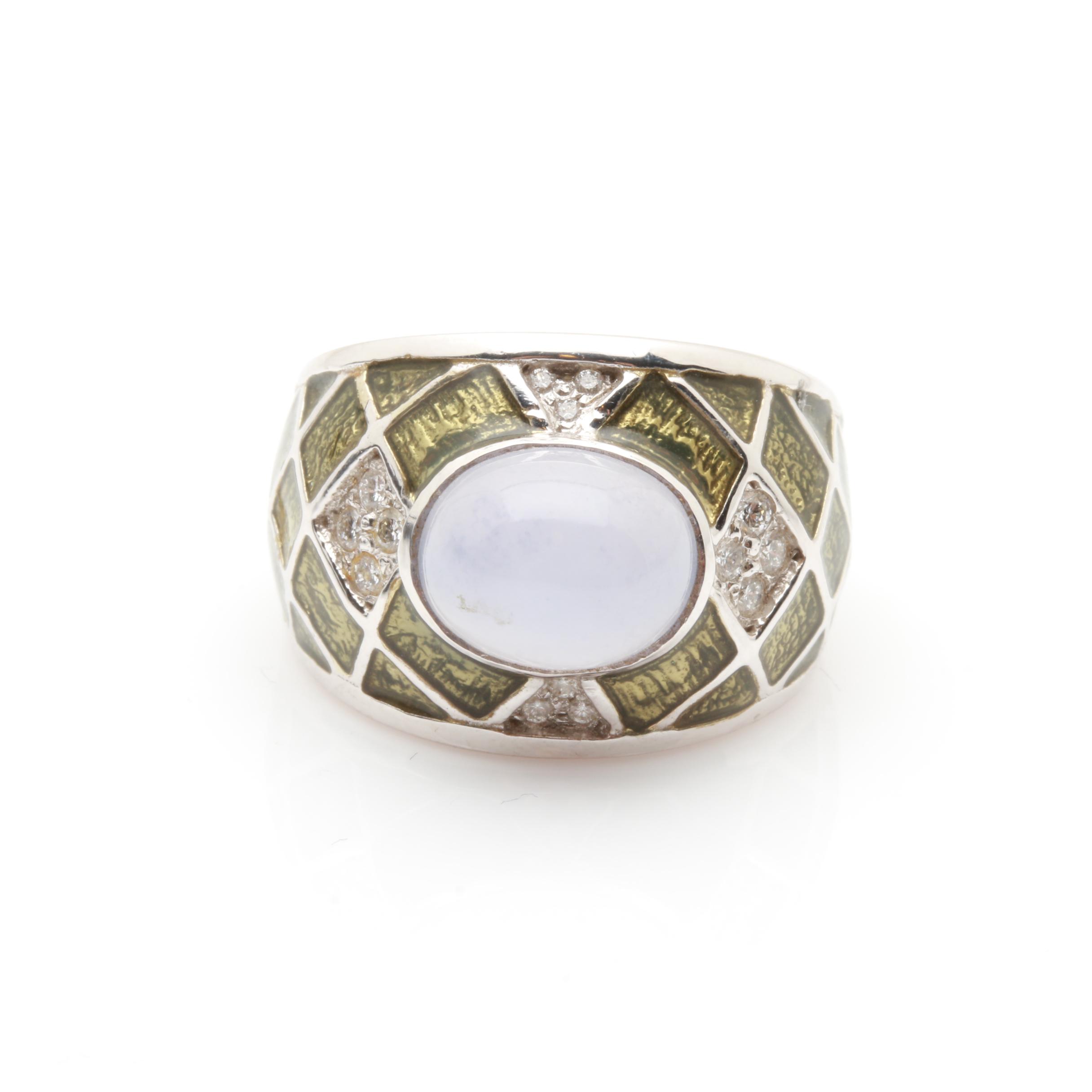 18K White Gold Blue Tourmaline, Diamond, and Enamel Ring