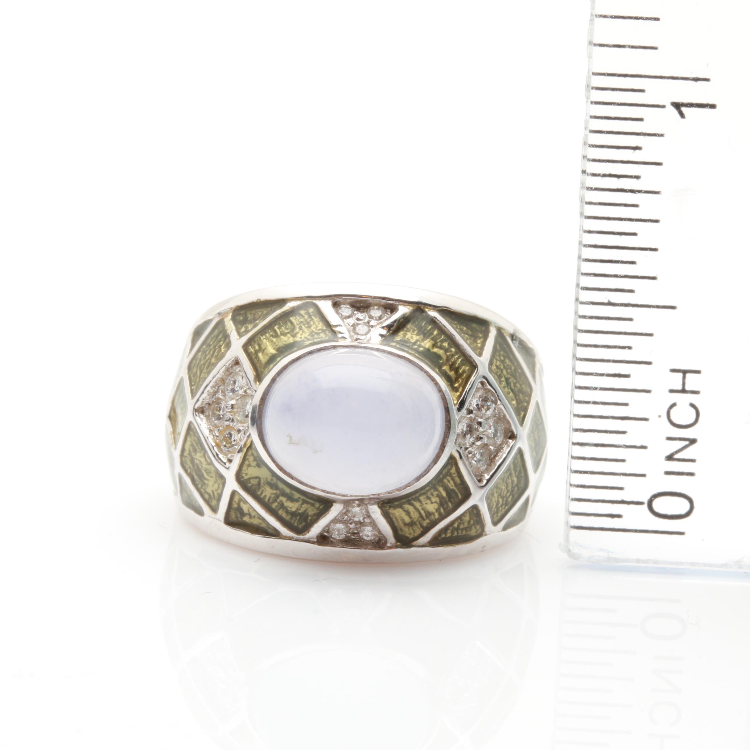 18K White Gold Blue Tourmaline, Diamond, and Enamel Ring