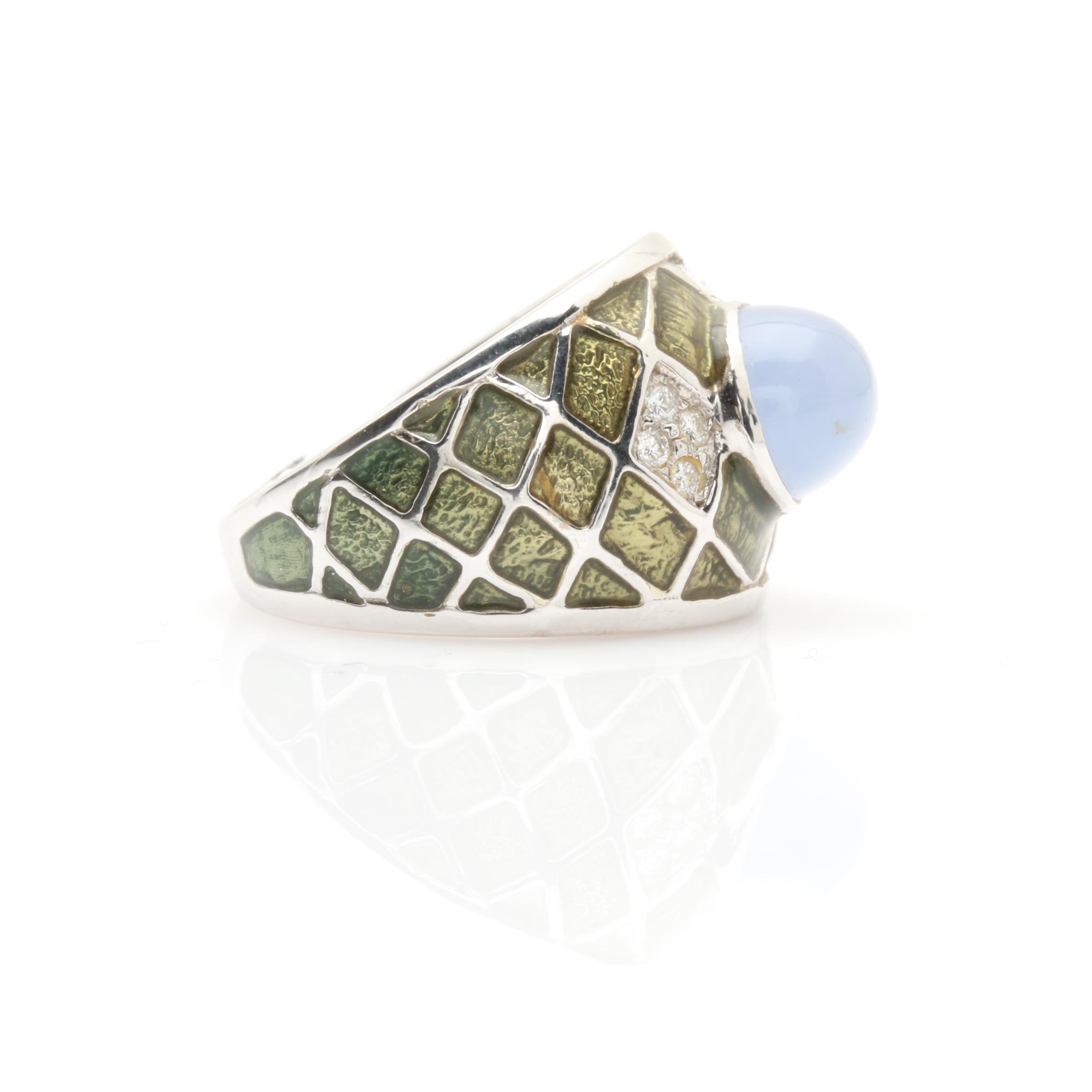 18K White Gold Blue Tourmaline, Diamond, and Enamel Ring