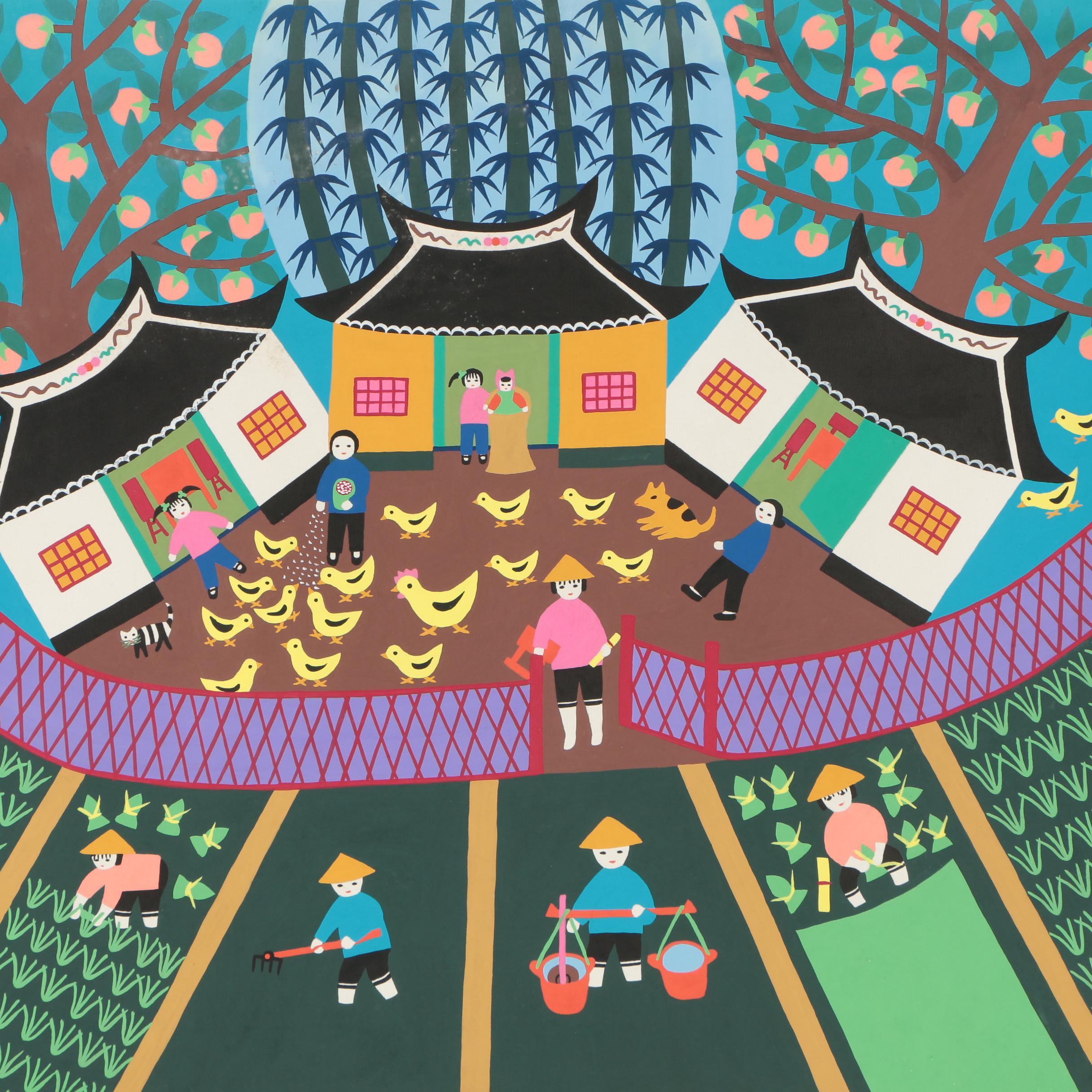 Embellished Serigraphs After Chinese Jinshan Style Folk Paintings