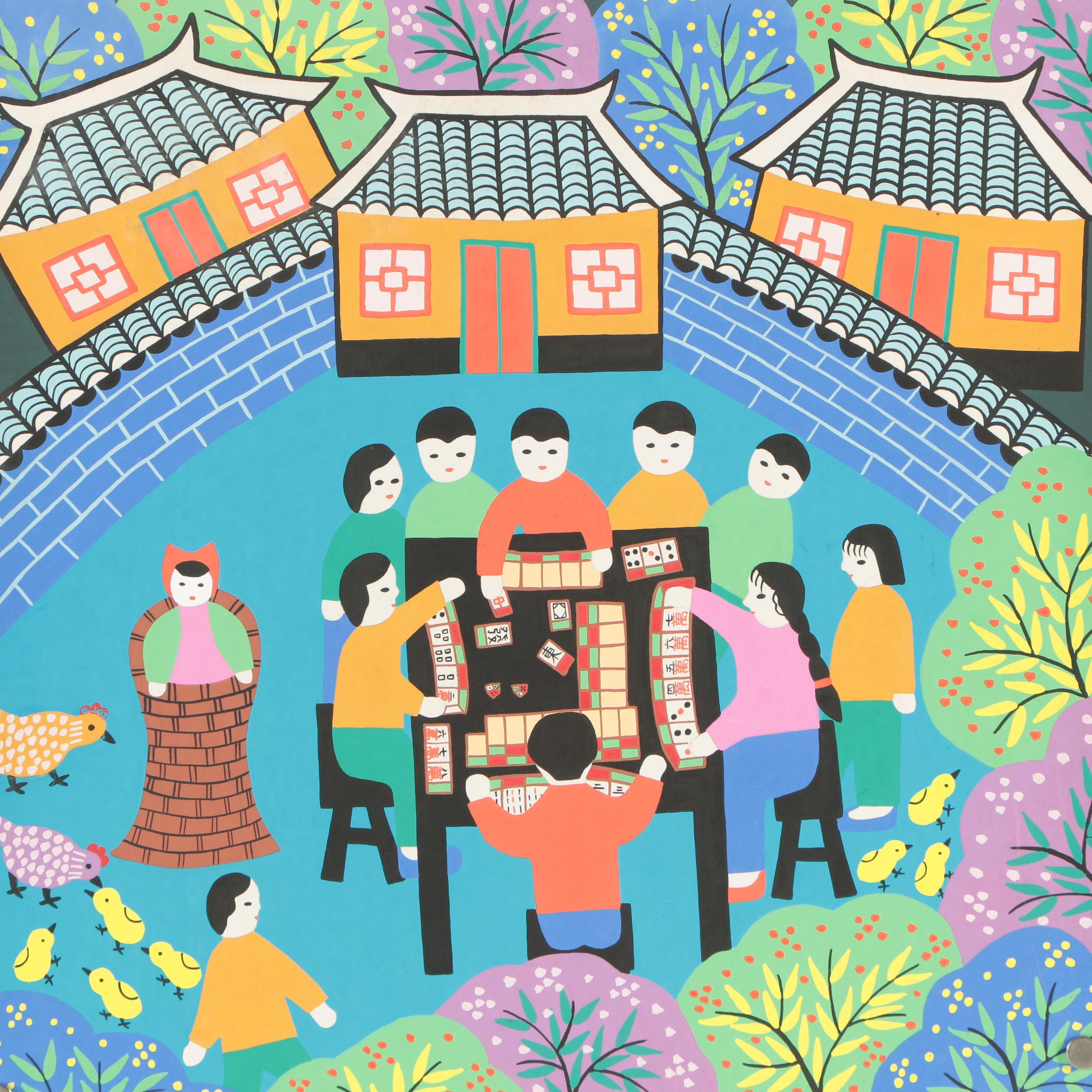 Embellished Serigraphs After Chinese Jinshan Style Folk Paintings