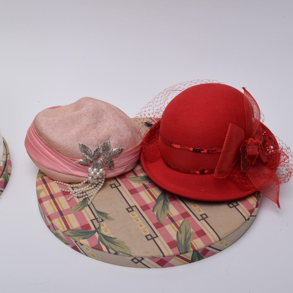 Women's Vintage Embellished Hats with Boxes Including Adolfo II and Don Anderson