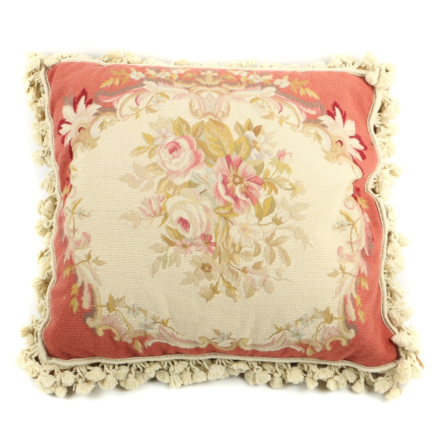 Needlepoint Aubusson Feather Filled Pillow with Tassel Fringe