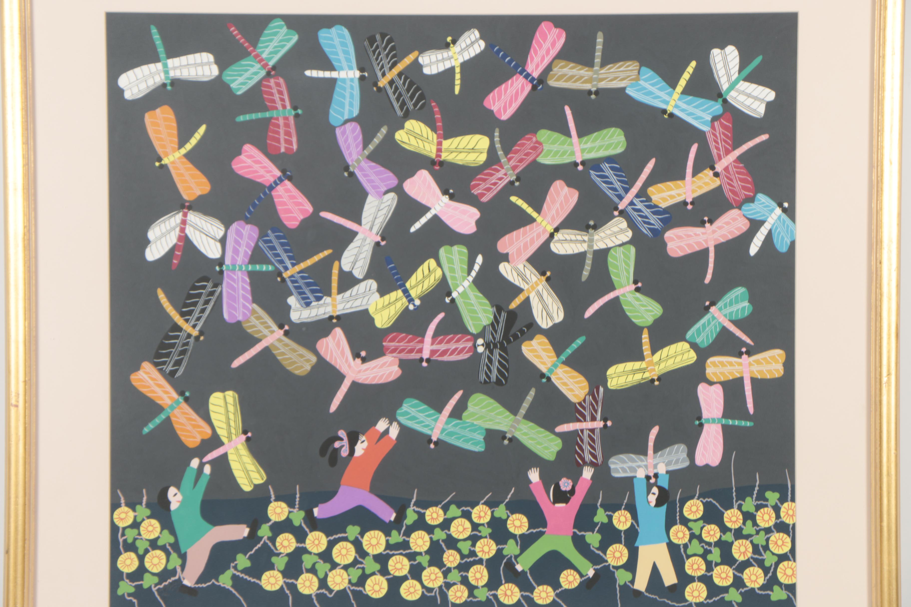 Serigraph After Jinshan Folk Painting of Children Chasing Dragonflies