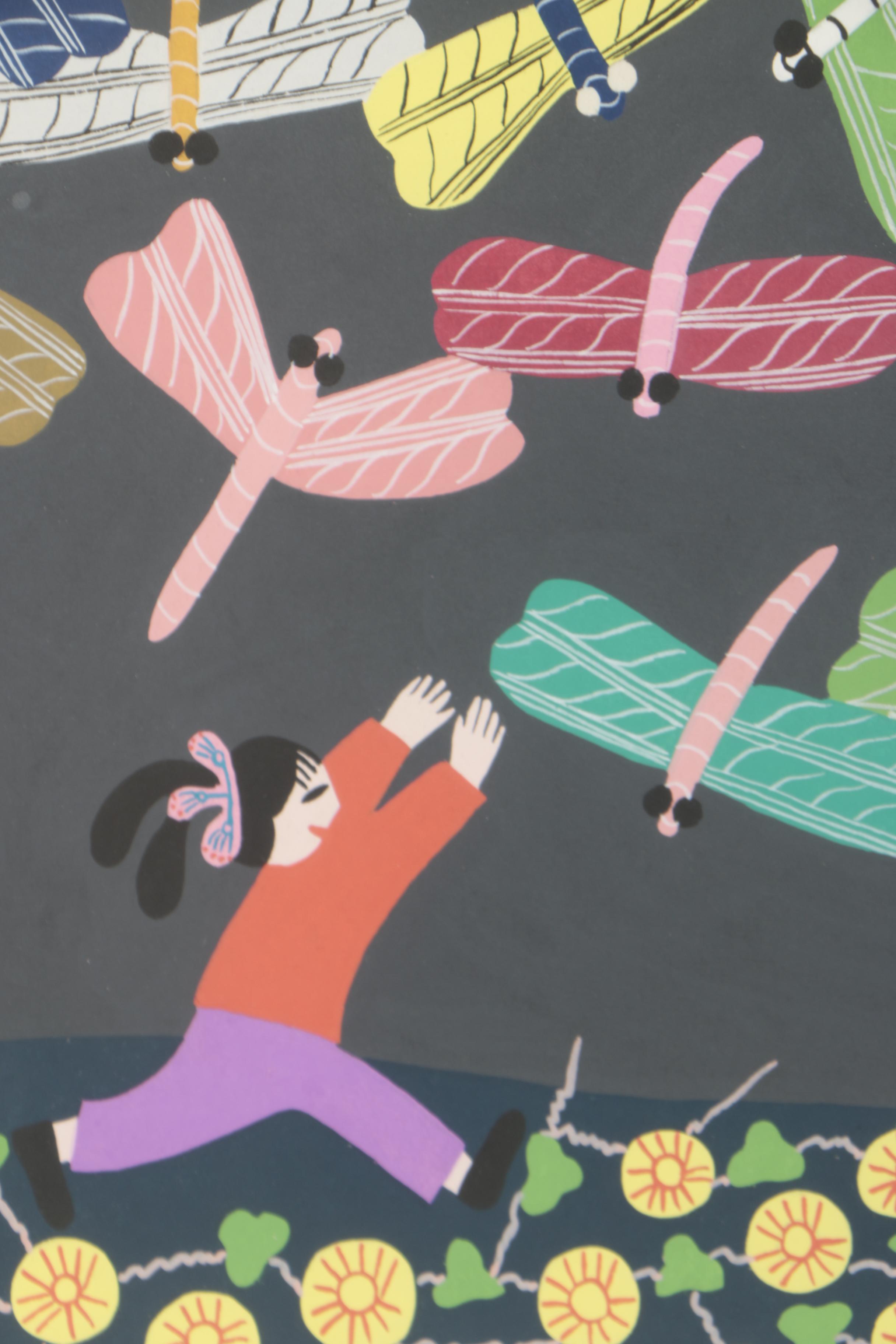 Serigraph After Jinshan Folk Painting of Children Chasing Dragonflies